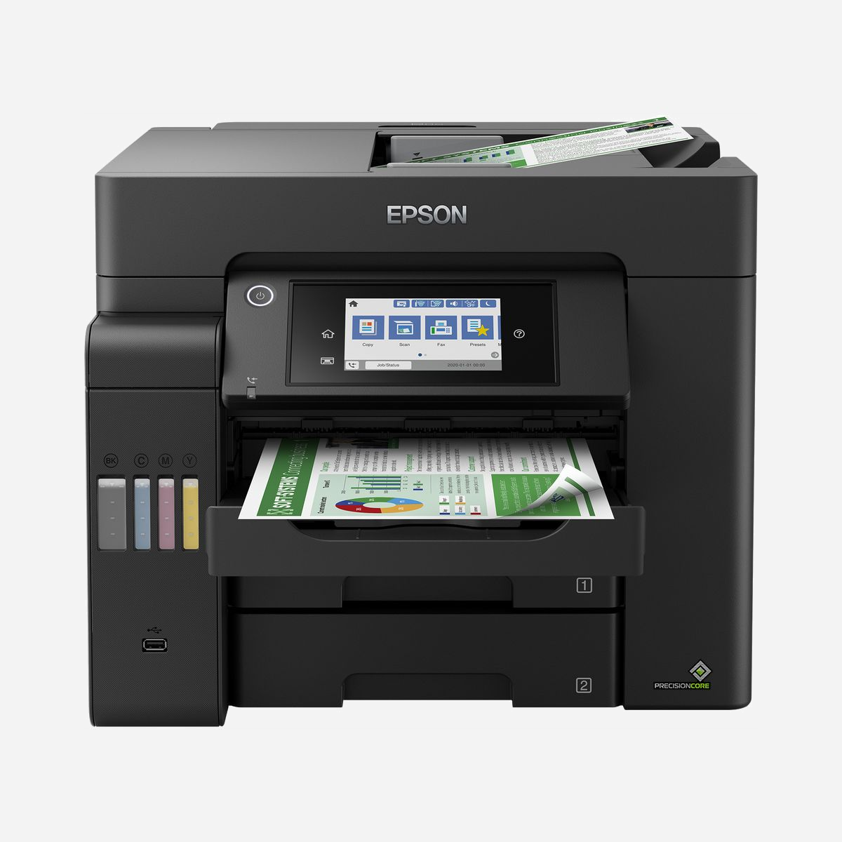 Imprimante multifonction Epson EcoTank L6550 jet d'encre A4 4800x2400 DPI 32ppm WiFi avec fax noir - L'Epson EcoTank L6550 représente une solution multifonction complète pour les environnements professionnels exigeants et les petites structures recherchant productivité et économies d'exploitation. Cette imprimante jet d'encre A4 combine impression, copie, numérisation et télécopie couleur dans un équipement compact et performant. Son système EcoTank à réservoirs rechargeables constitue son principal atout économique : fini les cartouches coûteuses, vous bénéficiez d'un coût par page drastiquement réduit, idéal pour les volumes d'impression moyens à élevés. Avec une vitesse d'impression atteignant 32 ppm en noir et 22 ppm en couleur, associée à une résolution de 4800 x 2400 DPI, la L6550 assure des documents professionnels nets et rapides. Le mode recto verso automatique optimise votre consommation de papier sur tous les usages : impression, copie et numérisation. Le chargeur automatique de 50 feuilles facilite la numérisation et la copie de documents multipages sans intervention manuelle, un gain de temps appréciable au quotidien. La connectivité complète WiFi, Ethernet et USB, compatible avec les standards Wi-Fi 5, permet une intégration fluide dans votre infrastructure réseau. Les technologies Epson Connect, iPrint et Email Print autorisent l'impression mobile depuis smartphones et tablettes, où que vous soyez. L'écran tactile couleur de 10,9 cm simplifie la navigation dans les menus et le paramétrage des fonctions. La fonction fax intégrée avec mémoire de 550 pages répond aux besoins des structures nécessitant encore ce mode de communication. Avec ses trois bacs d'une capacité totale de 550 feuilles, la L6550 limite les rechargements fréquents et assure une disponibilité optimale pour vos équipes.