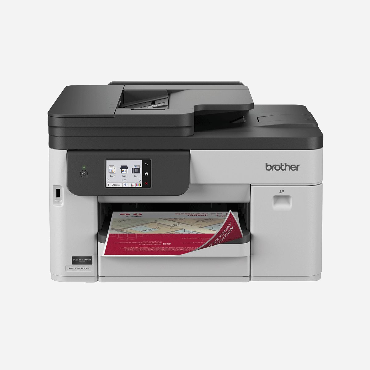Imprimante multifonction Brother MFC-J5010DW Jet d'encre A4 1200x4800 DPI 28 ppm WiFi écran tactile couleur - La Brother MFC-J5010DW est une imprimante multifonction jet d'encre conçue pour répondre aux exigences des petites entreprises et des professionnels qui recherchent productivité et fiabilité au quotidien. Grâce à sa tête d'impression MAXIDRIVE et ses encres pigmentaires premium, cette imprimante délivre des documents professionnels avec une résolution atteignant 1200 x 4800 DPI. Les vitesses d'impression de 28 ppm en noir et 26 ppm en couleur permettent de traiter rapidement vos documents courants, tandis que l'impression recto-verso automatique optimise la consommation de papier. Au-delà de l'impression, la MFC-J5010DW intègre des fonctions complètes de copie, numérisation et télécopie couleur. Le scanner à plat combiné au chargeur automatique de 50 feuilles facilite la numérisation recto-verso de documents multipages à 30 ppm. La résolution de numérisation optique de 19200 x 19200 DPI garantit une capture précise de vos originaux. La connectivité étendue constitue un atout majeur : WiFi, Ethernet Gigabit, USB et Wi-Fi Direct permettent une intégration flexible dans votre infrastructure. Compatible avec Apple AirPrint, Brother iPrint & Scan et Mopria Print Service, l'appareil s'adapte aux environnements Windows, macOS, Linux et mobiles iOS/Android. L'écran tactile couleur de 6,6 cm simplifie la navigation et le paramétrage. Les deux bacs d'alimentation offrent une capacité totale de 251 feuilles, réduisant les interventions fréquentes. La maintenance avancée intégrée assure des performances constantes dans le temps. Avec un cycle de service mensuel de 2500 pages et la possibilité de souscrire à l'abonnement d'encre EcoPro pour une gestion automatisée des consommables, la MFC-J5010DW représente une solution complète pour les environnements professionnels exigeants.
