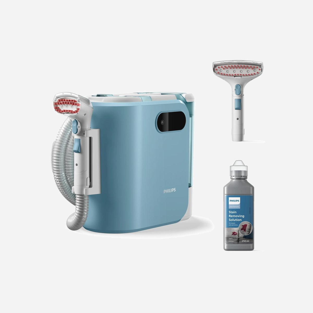 Aspirateur détacheur Philips série 3000 XW3193/11 sans fil pour tissus d'ameublement avec formule détergent professionnelle - L'aspirateur détacheur Philips série 3000 XW3193/11 révolutionne l'entretien de vos tissus d'ameublement en combinant aspiration et nettoyage humide professionnel. Conçu pour les environnements domestiques exigeants, notamment les foyers avec enfants et animaux de compagnie, cet appareil élimine efficacement les taches tenaces en un seul passage. Sa formule détergent professionnelle intégrée traite instantanément une large variété de salissures sur canapés, fauteuils, tapis et moquettes. Le système de nettoyage humide associé à une puissance de 400 W garantit des résultats visibles immédiatement, sans effort excessif ni passages répétés. Le réservoir liquide de 1600 litres offre une autonomie prolongée pour traiter de grandes surfaces sans interruption. Le tube flexible de 160 cm assure une maniabilité optimale et un accès facilité aux zones difficiles. L'écran LED permet un contrôle permanent des paramètres de fonctionnement, tandis que l'indicateur de réservoir plein évite tout débordement. Avec son câble de 5 mètres et son système de rangement intégré, l'appareil combine rayon d'action étendu et stockage compact. Le compartiment de rangement dédié garde tous les accessoires à portée de main. Son design cylindrique compact facilite les déplacements d'une pièce à l'autre. Pesant 6,63 kg, cet aspirateur détacheur sans sac offre un excellent compromis entre robustesse et maniabilité. Idéal pour maintenir un intérieur impeccable au quotidien, il transforme l'entretien des tissus d'ameublement en une tâche simple et rapide.