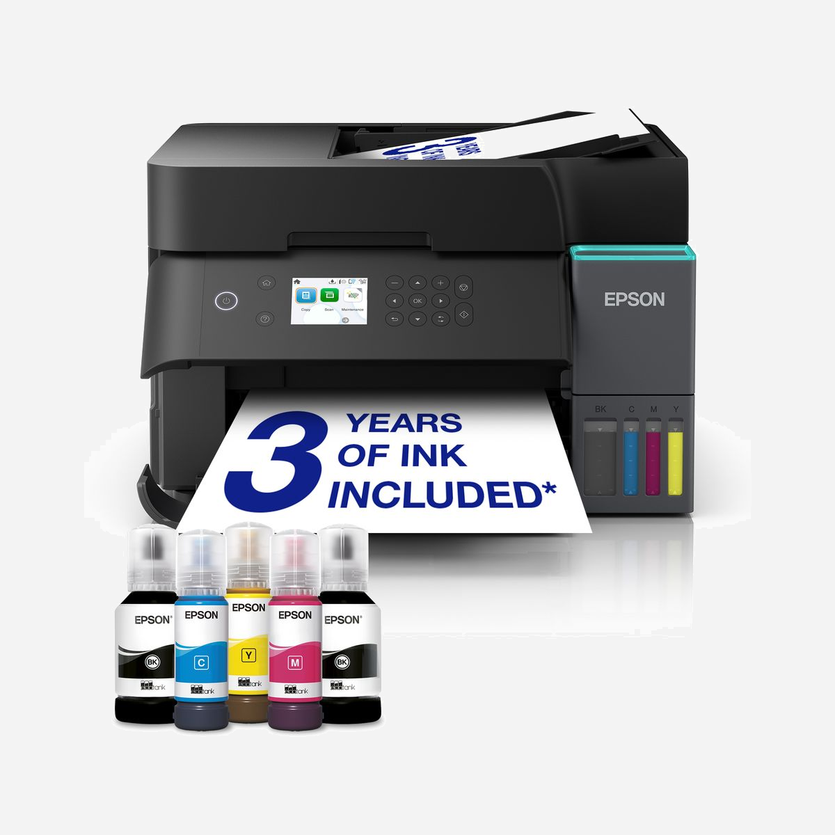 Imprimante multifonction Epson EcoTank L6370 A4 4800x1200 DPI couleur WiFi avec réservoirs d'encre intégrés noir - L'Epson EcoTank L6370 révolutionne la gestion documentaire des PME et services administratifs grâce à son système de réservoirs d'encre intégrés qui élimine les contraintes des cartouches traditionnelles. Cette imprimante multifonction A4 combine impression, numérisation et copie avec une qualité professionnelle atteignant 4800 x 1200 DPI. Conçue pour les environnements exigeants, elle intègre un chargeur automatique de documents de 30 feuilles et un bac d'alimentation de 250 feuilles, permettant de traiter efficacement vos volumes quotidiens sans intervention constante. La fonction recto-verso automatique sur toutes les opérations optimise votre consommation de papier et accélère vos flux de travail. La connectivité constitue un atout majeur : WiFi 5 (802.11ac), Ethernet et compatibilité avec Apple AirPrint, Epson Connect et Mopria Print Service garantissent une intégration fluide dans votre infrastructure existante. Imprimez depuis n'importe quel poste, smartphone ou tablette en toute sécurité grâce aux protocoles WPA3-SAE. Le scanner à plat avec résolution optique de 1200 x 2400 DPI assure une numérisation fidèle de vos documents, même en recto-verso automatique. L'écran LCD 2,4 pouces facilite la navigation et le paramétrage direct sur l'appareil. Avec une consommation maximale de seulement 15W et une compatibilité étendue (Windows, macOS, Windows Server), l'EcoTank L6370 s'impose comme une solution durable et économique pour professionnaliser votre gestion documentaire tout en maîtrisant vos coûts d'exploitation.
