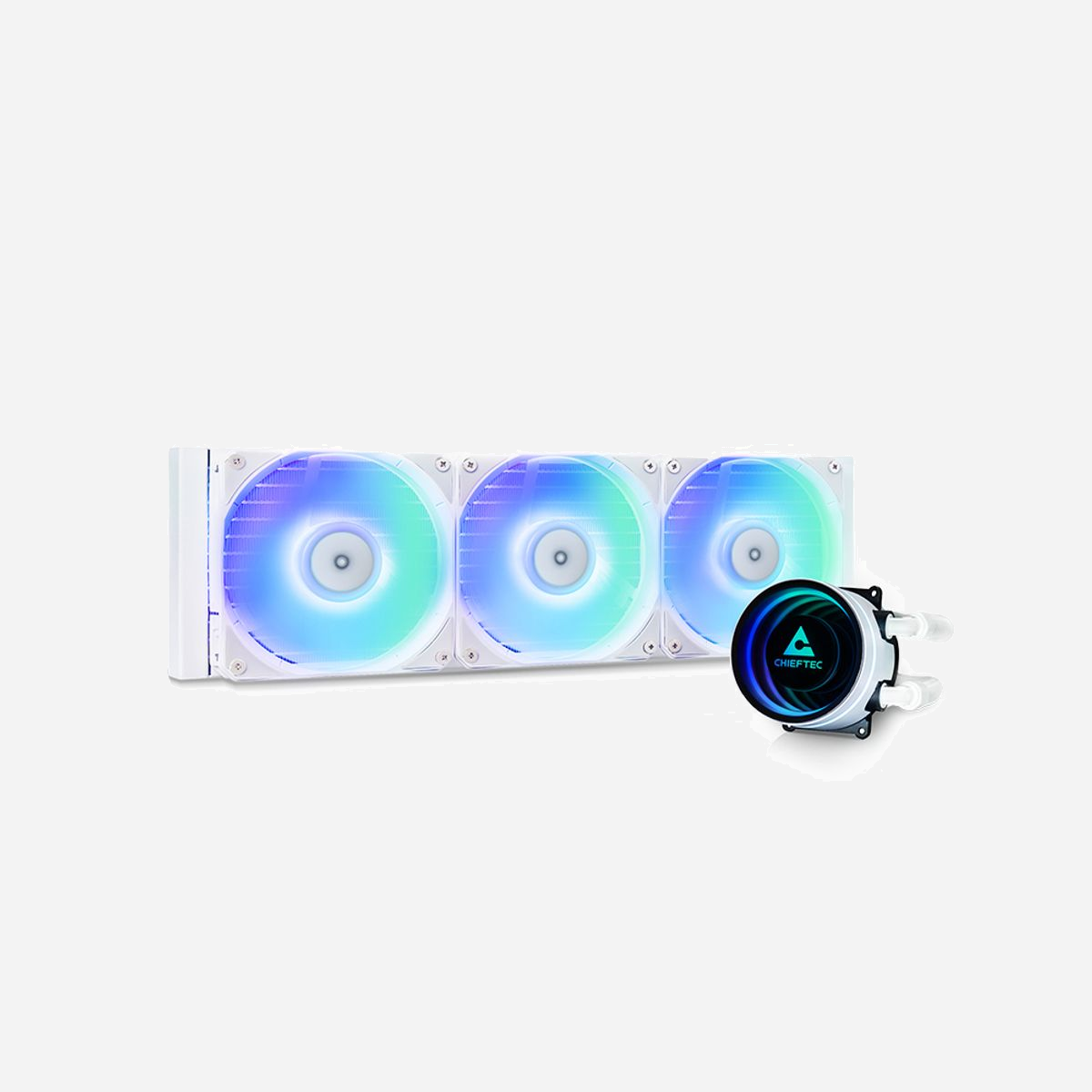 Système de refroidissement liquide AIO Chieftec CLC-360-RGB-W 360mm 3x120mm RGB blanc pour boîtier PC - Le système de refroidissement liquide AIO Chieftec CLC-360-RGB-W représente une solution de refroidissement performante pour les configurations PC exigeantes. Avec son radiateur de 360mm équipé de trois ventilateurs de 120mm, ce kit tout-en-un offre une capacité de dissipation thermique optimale pour les processeurs modernes, qu'ils soient sollicités en gaming intensif, en création de contenu ou en calcul professionnel. Sa compatibilité étendue constitue un atout majeur : ce système prend en charge l'ensemble des sockets Intel récents (LGA 1851, 1200, 1151, 1150) ainsi que les plateformes AMD (AM5, AM4, AM3+, AM2+), garantissant une installation sur la majorité des configurations actuelles et futures. Le bloc de refroidissement en cuivre assure un transfert thermique efficace, tandis que le radiateur en aluminium optimise la dissipation de chaleur. Les trois ventilateurs RGB offrent un débit d'air de 64,72 cfm avec une plage de vitesse ajustable de 500 à 2200 tr/min, permettant d'adapter les performances au niveau sonore souhaité. À pleine charge, le niveau sonore reste contenu à 34,7 dB. La pompe, fonctionnant entre 1800 et 2700 tr/min, garantit une circulation fluide du liquide de refroidissement. Le design blanc avec éclairage RGB multicolore apporte une dimension esthétique moderne, idéale pour les boîtiers avec panneau vitré. Les connecteurs 3-pin et 4-pin facilitent l'intégration et le contrôle via la carte mère. Cette solution AIO clé en main simplifie l'installation d'un refroidissement liquide performant, sans les contraintes d'un circuit custom, pour maintenir des températures stables et prolonger la durée de vie de vos composants.