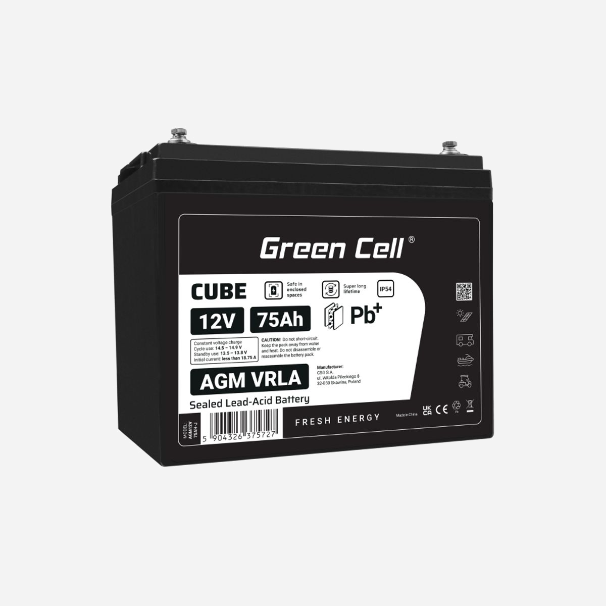 Batterie Green Cell AGM12V75AH-J 12V 75Ah Sealed Lead Acid VRLA pour onduleur 260x169mm 20.3kg - La batterie Green Cell AGM12V75AH-J constitue une solution de stockage d'énergie fiable et performante pour sécuriser vos installations critiques. Avec sa capacité de 75 Ah sous 12 V, elle garantit une alimentation de secours optimale pour vos onduleurs, systèmes d'alarme, équipements de télécommunication et installations solaires. Cette batterie utilise la technologie Sealed Lead Acid VRLA, reconnue pour sa robustesse et sa maintenance réduite. Totalement étanche et sans entretien, elle élimine les risques de fuites d'acide et s'adapte à différentes configurations d'installation. Sa conception VRLA assure une recombinaison interne des gaz, garantissant ainsi une utilisation sécurisée dans des environnements professionnels exigeants. Avec une autonomie de 5 années, cette batterie représente un investissement durable pour votre infrastructure. Ses dimensions compactes de 260 x 213 x 169 mm facilitent son intégration dans les baies techniques et armoires d'onduleurs standards, tout en offrant une densité énergétique élevée. Le format AGM de Green Cell convient particulièrement aux applications nécessitant des décharges profondes répétées et une résistance aux cycles intensifs. Que ce soit pour protéger vos serveurs, équipements réseau ou systèmes de sécurité, cette batterie assure une continuité de service essentielle à votre activité. Son poids de 20,3 kg témoigne de la qualité de ses composants internes et garantit une stabilité mécanique optimale une fois installée. La référence AGM12V75AH-J s'inscrit dans la gamme professionnelle Green Cell, conçue pour répondre aux exigences des environnements B2B.