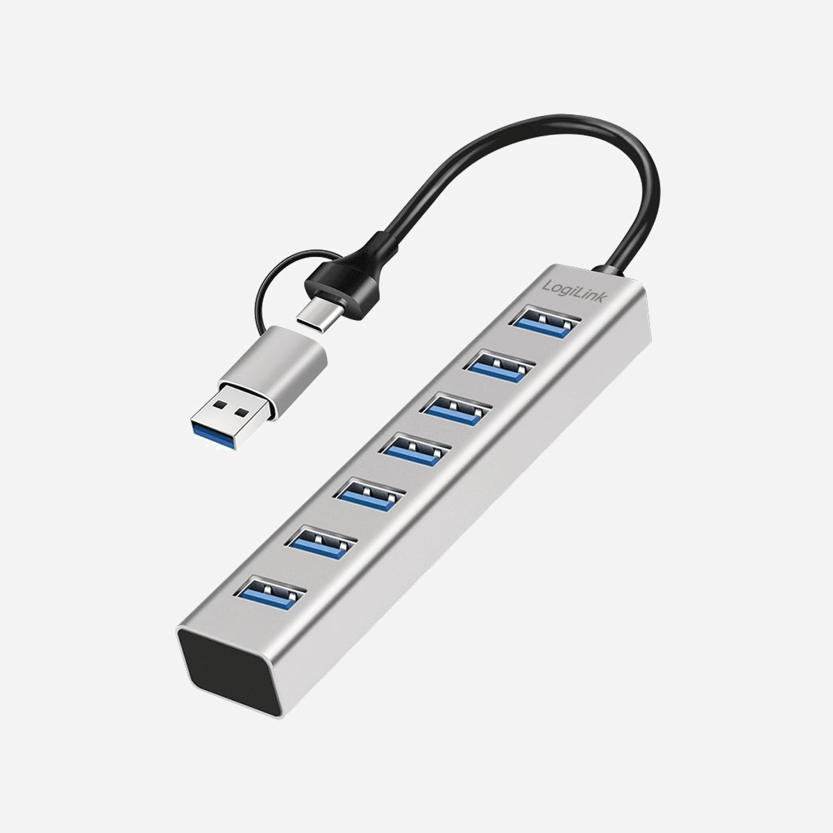 Hub USB LogiLink UA0441 USB 3.2 Gen 1 Type-A et Type-C 5000 Mbit/s aluminium gris compatible MacOS Android iOS - Le Hub USB LogiLink UA0441 constitue une solution de connectivité professionnelle pour les environnements de travail modernes nécessitant la connexion simultanée de multiples périphériques. Avec ses 7 ports USB 3.2 Gen 1 Type-A, ce hub répond aux besoins des utilisateurs gérant plusieurs équipements : disques durs externes, claviers, souris, imprimantes ou clés USB. Sa double interface d'accueil USB Type-A et Type-C garantit une compatibilité étendue avec l'ensemble du parc informatique professionnel, qu'il s'agisse d'ordinateurs portables récents équipés uniquement de ports USB-C ou de postes de travail traditionnels. Le taux de transfert de 5000 Mbit/s assure des échanges de données rapides, particulièrement appréciable lors de sauvegardes volumineuses ou de transferts de fichiers lourds. La conception en aluminium gris confère robustesse et dissipation thermique efficace, deux critères essentiels pour une utilisation intensive en environnement professionnel. Le format compact et le poids de seulement 56 grammes facilitent le transport pour les collaborateurs en mobilité. La compatibilité multiplateforme représente un atout majeur : Windows, MacOS, Linux, ChromeOS, Android, iOS et iPadOS sont pris en charge nativement en Plug and Play, sans installation de pilotes. Cette universalité simplifie le déploiement dans des environnements hétérogènes. Les protections intégrées contre les surcharges et surintensités sécurisent vos équipements connectés. L'alimentation par bus USB élimine le besoin d'adaptateur secteur supplémentaire, réduisant l'encombrement sur le poste de travail.