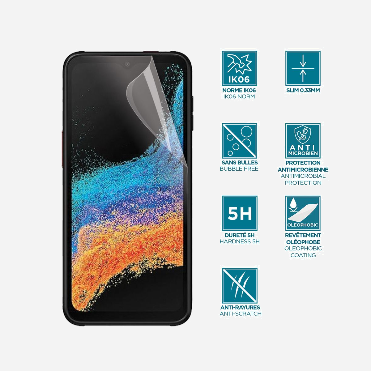 Protection d'écran Mobilis 036271 transparent IK06 anti-chocs pour Samsung Galaxy XCover 6 Pro avec kit de pose - Le Samsung Galaxy XCover 6 Pro est un smartphone professionnel robuste qui mérite une protection à la hauteur de ses performances. La protection d'écran Mobilis 036271 offre une défense optimale certifiée IK06, le plus haut niveau de résistance anti-chocs disponible sur le marché des films de protection. Conçue spécifiquement pour les environnements professionnels exigeants, cette protection transparente préserve votre écran des rayures, de la poussière, du sable et des impacts du quotidien. Son film souple et incassable de 0,33 mm d'épaisseur garantit une durabilité exceptionnelle tout en conservant 99% de la netteté d'origine de votre écran. L'installation est simplifiée grâce à la technologie anti-bulles exclusive Mobilis et au kit de pose complet fourni : lingette nettoyante, chiffon microfibre, film adhésif attrape-poussière et carte de lissage. Même sans expérience, vous obtenez un résultat professionnel en quelques minutes. Le revêtement oléophobique limite les traces de doigts et facilite le nettoyage quotidien, tandis que la dureté 5H protège efficacement contre les objets tranchants. La sensibilité tactile reste parfaitement préservée pour une utilisation fluide de votre appareil. Cette protection intègre également une fonction de filtrage de confidentialité en mode portrait, idéale pour protéger vos données sensibles dans les transports ou les espaces publics. Compatible avec le Galaxy XCover 6 Pro et XCover 7, elle répond aux besoins des professionnels mobiles recherchant fiabilité et discrétion.