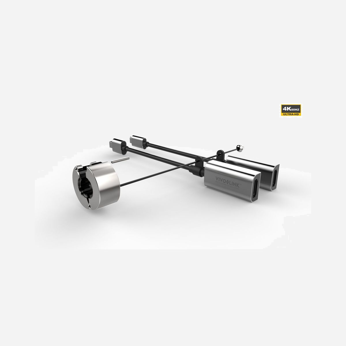 Adaptateur Vivolink PROADRING8S anneau multi-connecteurs HDMI USB-C Mini DisplayPort 4K@60Hz aluminium pour salle de réunion - L'adaptateur Vivolink PROADRING8S transforme chaque salle de réunion en espace de collaboration universel. Cet anneau multi-connecteurs élimine définitivement les pertes de temps liées aux problèmes de compatibilité lors de vos présentations professionnelles. Conçu pour s'adapter à tous les environnements, ce hub propose une connectivité complète : USB-C, Mini DisplayPort et HDMI femelle, garantissant la connexion de n'importe quel ordinateur portable, qu'il fonctionne sous Windows ou macOS. La prise en charge native de la résolution 4K à 60Hz assure une qualité d'image optimale pour vos présentations, graphiques et vidéos professionnelles. La conception en aluminium de qualité supérieure avec gravure laser témoigne d'une fabrication soignée et durable. Le système de fixation par serrure unbraco sécurise l'anneau au câble HDMI existant, évitant les disparitions et garantissant une disponibilité permanente. L'outil de montage est fourni pour une installation immédiate. Avec sa compatibilité HDCP 2.2 et DisplayPort 1.2, cet adaptateur répond aux exigences des contenus protégés et des applications professionnelles modernes. Le support audio 7.1 canaux et la compatibilité 3D offrent une expérience multimédia complète. Le format compact et le poids de seulement 100 grammes facilitent également son utilisation avec les ultraportables. Solution Plug and Play, le PROADRING8S s'installe sans configuration logicielle. Investissement stratégique pour les entreprises souhaitant professionnaliser leurs espaces de réunion et améliorer l'expérience de leurs collaborateurs et visiteurs.