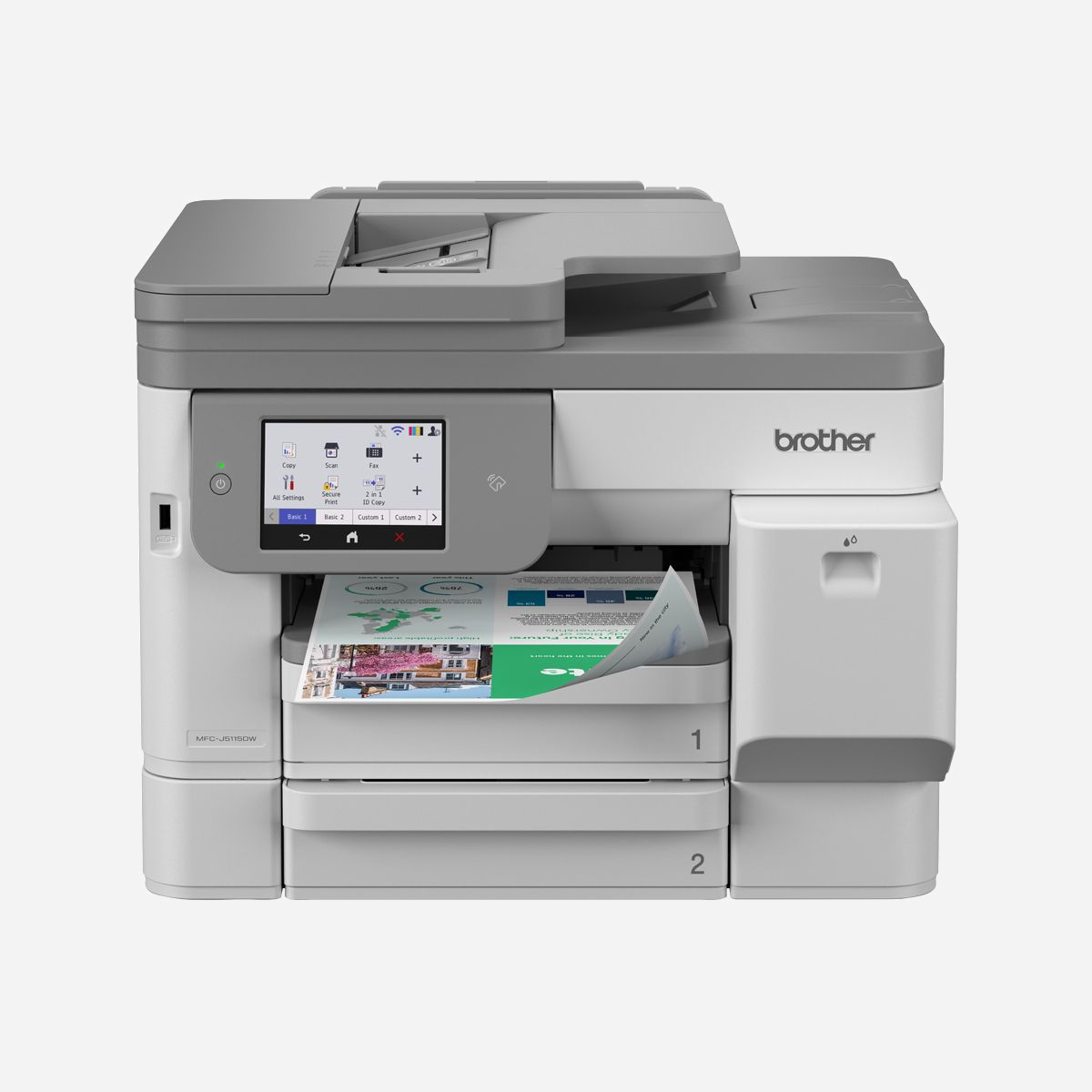 Imprimante multifonction Brother MFC-J5115DW Jet d'encre A4 1200x4800 DPI 28 ppm Wifi écran tactile couleur - La Brother MFC-J5115DW représente une solution multifonction professionnelle complète, conçue pour répondre aux exigences des environnements de travail modernes. Cette imprimante jet d'encre A4 combine performances, polyvalence et engagement environnemental. Avec une vitesse d'impression atteignant 28 pages par minute en noir et 26 pages par minute en couleur, cette multifonction assure une productivité optimale au quotidien. Sa résolution de 1200 x 4800 DPI garantit des documents nets et des visuels de qualité professionnelle. Le système d'impression recto-verso automatique sur toutes les fonctions (impression, copie, numérisation, télécopie) permet de réduire la consommation de papier tout en gagnant du temps. L'écran tactile couleur de 10,7 cm offre une interface intuitive permettant de créer des raccourcis personnalisés pour vos tâches récurrentes. La connectivité complète (Wifi, Ethernet Gigabit, USB, Wi-Fi Direct) facilite l'intégration dans tout environnement réseau et autorise l'impression mobile via Apple AirPrint, Brother iPrint & Scan ou Mopria Print Service. La capacité papier totale de 600 feuilles répartie sur trois bacs, associée au chargeur automatique de documents de 50 feuilles, minimise les interventions et optimise la gestion des flux documentaires. Le scanner à double CIS offre une résolution optique exceptionnelle de 19200 x 19200 DPI, idéale pour la numérisation de documents critiques avec une vitesse de 30 pages par minute en recto-verso. Brother intègre 30% de plastiques recyclés dans la conception de cette imprimante et de ses cartouches, toutes conçues pour être remanufacturées. Un choix responsable qui allie performance et respect de l'environnement, certifié Blue Angel et Nordic Swan Ecolabel.