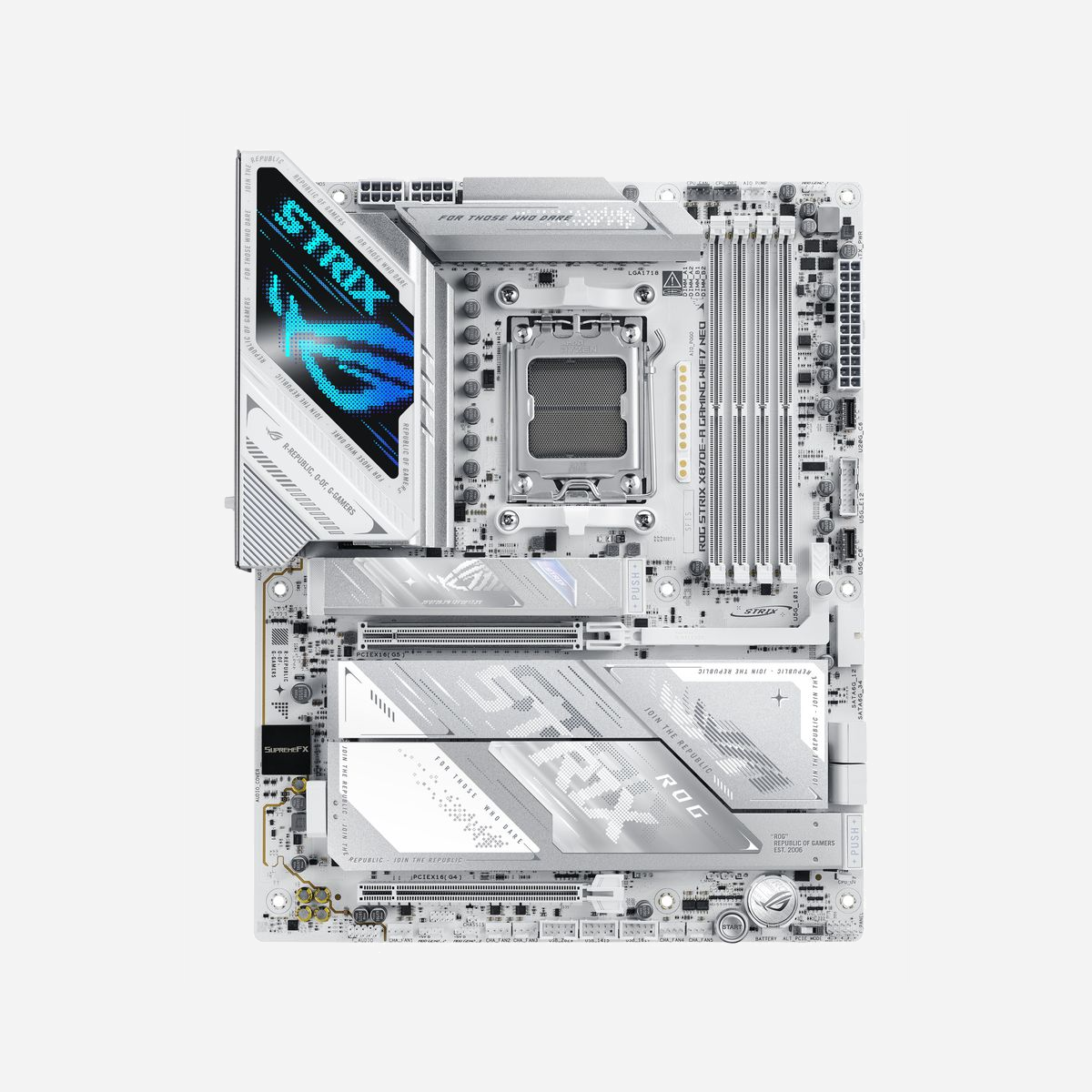 Carte mère ASUS ROG STRIX X870E-A GAMING Socket AM5 ATX DDR5 256GB WiFi 7 Ethernet 5Gb M.2 SATA III AMD Ryzen - La carte mère ASUS ROG STRIX X870E-A GAMING représente une solution haut de gamme pour les professionnels exigeants et les stations de travail performantes. Conçue autour du chipset AMD X870E et du socket AM5, elle offre une compatibilité étendue avec les processeurs AMD Ryzen des séries 7000, 8000 et 9000, garantissant une évolutivité à long terme pour vos investissements informatiques. Cette plateforme ATX se distingue par sa prise en charge de la mémoire DDR5 jusqu'à 256 Go en configuration double canal, avec des fréquences atteignant 9600 MHz. Cette capacité mémoire exceptionnelle répond aux besoins des applications professionnelles gourmandes en ressources : virtualisation, modélisation 3D, traitement de données massives ou montage vidéo haute résolution. La connectivité constitue un atout majeur avec quatre emplacements M.2 compatibles PCI Express 5.0, permettant d'exploiter les SSD NVMe les plus rapides du marché pour des temps de chargement minimaux. Les quatre ports SATA III complètent l'offre de stockage, tandis que le support RAID 0, 1, 5 et 10 assure la sécurité et les performances adaptées aux environnements professionnels. La connectivité réseau de nouvelle génération inclut le WiFi 7 (802.11be) et l'Ethernet 5 Gigabit, garantissant des transferts de fichiers ultrarapides et une latence minimale pour les applications critiques. Les deux ports USB4 Gen 3x2 offrent une bande passante exceptionnelle pour les périphériques externes haute performance. Avec ses deux slots PCI Express x16 (Gen 4.x et Gen 5.x), cette carte mère permet d'intégrer des cartes graphiques professionnelles ou des cartes d'extension spécialisées. La gestion thermique avancée, assurée par six connecteurs de ventilateurs, maintient des températures optimales même sous charge intensive. Une solution professionnelle complète pour bâtir des configurations performantes, évolutives et fiables.