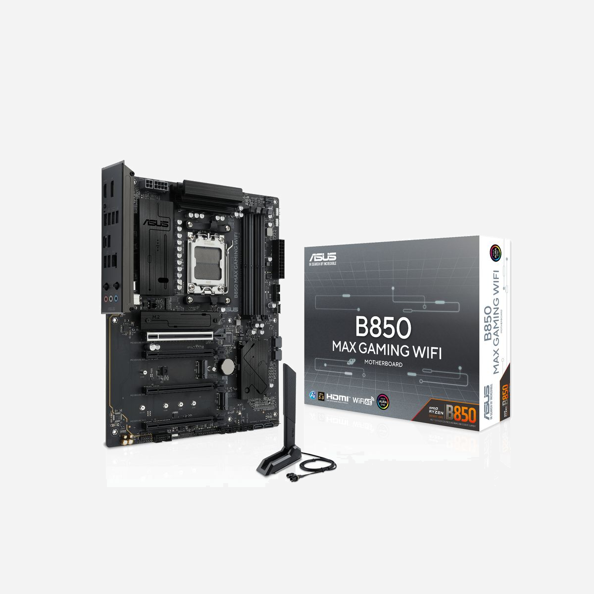 Carte mère ASUS B850 MAX GAMING WIFI Socket AM5 ATX DDR5 256GB M.2 SATA III WiFi 6E 2.5GbE pour AMD Ryzen 7000/8000/9000 - La carte mère ASUS B850 MAX GAMING WIFI représente une solution performante et évolutive pour les configurations professionnelles et gaming exigeantes basées sur les processeurs AMD Ryzen des séries 7000, 8000 et 9000. Conçue au format ATX avec socket AM5, elle offre une plateforme robuste pour accompagner vos projets sur le long terme. Avec une capacité mémoire DDR5 allant jusqu'à 256 Go répartis sur 4 emplacements DIMM, cette carte mère garantit des performances exceptionnelles pour les applications gourmandes en ressources : montage vidéo 4K/8K, modélisation 3D, virtualisation ou multitâche intensif. La prise en charge des fréquences jusqu'à 9000 MHz en double canal assure une bande passante optimale pour vos traitements les plus exigeants. La connectivité de stockage est particulièrement généreuse avec 3 emplacements M.2 dont un compatible PCI Express 5.0 pour des SSD ultra-rapides, complétés par 4 ports SATA III. Les configurations RAID 0, 1, 5 et 10 permettent d'optimiser performances ou sécurité selon vos besoins métier. La connectivité réseau moderne intègre un port Ethernet 2.5 Gigabit pour des transferts filaires rapides, ainsi que le WiFi 6E et Bluetooth 5.4 pour une flexibilité maximale dans vos environnements de travail. L'interface graphique intégrée prend en charge une résolution jusqu'à 7680 x 4320 pixels via HDMI 2.1 et DisplayPort 1.4, idéale pour les configurations multi-écrans professionnels. Avec ses multiples connecteurs USB dont USB 3.2 Gen 2 Type-C, ses 4 emplacements PCI Express x16 et son système de refroidissement passif, cette carte mère ASUS offre une base fiable et extensible pour vos stations de travail professionnelles.