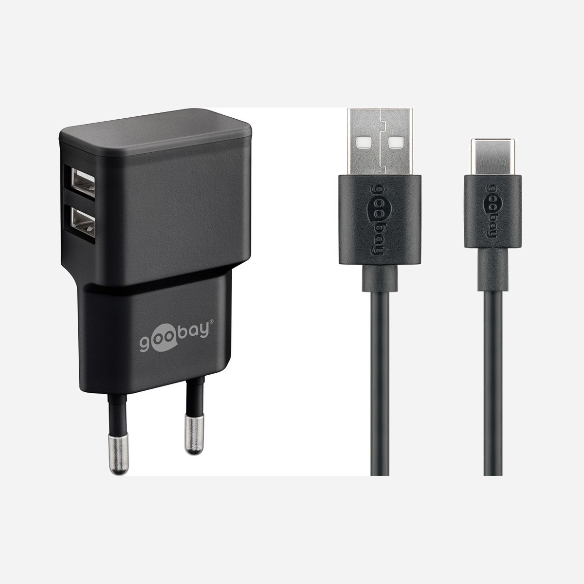 Chargeur Goobay 44986 secteur universel 2 ports USB avec câble USB Type-C 1m noir pour appareils mobiles - Le chargeur Goobay 44986 répond aux besoins quotidiens de recharge des professionnels mobiles et des équipes équipées de multiples appareils. Cette solution compacte combine un adaptateur secteur double port USB et un câble USB Type-C de 1 mètre, offrant une flexibilité immédiate pour alimenter smartphones, tablettes, écouteurs sans fil, smartwatches et autres périphériques USB. Avec ses 2 ports USB délivrant jusqu'à 2,4A au total, ce chargeur universel permet de recharger simultanément deux appareils, optimisant ainsi le temps et l'espace sur le bureau ou en déplacement. La puissance de 12W assure une recharge efficace pour la majorité des équipements mobiles du marché. La compatibilité universelle constitue un atout majeur : tension d'entrée 100-240V adaptée à tous les réseaux électriques internationaux, idéale pour les collaborateurs en mission à l'étranger. Le câble USB Type-A vers USB Type-C inclus garantit une connexion immédiate avec les appareils récents sans achat supplémentaire. La sécurité est intégrée avec des protections contre les surintensités, surcharges et surchauffes, préservant vos équipements professionnels. Le format compact (87 x 41,3 x 14,8 mm) et le poids plume de 34g facilitent le transport dans une sacoche ou un sac. Certifié CE et conforme aux normes de durabilité, ce chargeur Plug and Play s'installe sans configuration. Son efficacité énergétique de 80,6% et sa consommation à vide de seulement 0,07W en font une solution respectueuse de l'environnement, cohérente avec les démarches RSE des entreprises.
