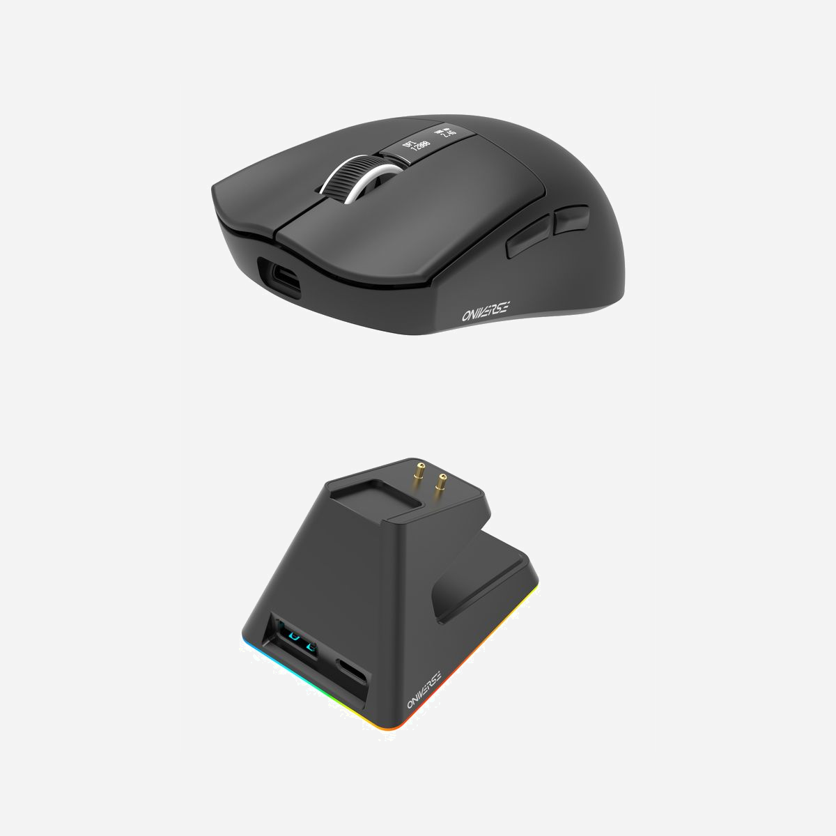 Souris gaming sans fil Oniverse Vanguard 12000 DPI 1000Hz Bluetooth 2.4GHz avec dock de charge LED et écran - La souris gaming sans fil Oniverse Vanguard 12000 DPI redéfinit la polyvalence pour les joueurs exigeants. Grâce à ses trois modes de connexion (Bluetooth, dongle USB 2.4GHz et filaire), elle s'adapte à tous vos environnements de jeu, que vous privilégiez la mobilité ou la stabilité d'une connexion câblée. Son capteur optique haute précision offre une résolution ajustable jusqu'à 12000 DPI avec 6 modes personnalisables, garantissant une réactivité optimale dans tous les genres de jeu. Le polling rate de 1000 Hz, associé à une vitesse de traçage de 300 ips et une accélération maximale de 35 G, assure un suivi parfait même lors des mouvements les plus rapides. L'écran intégré directement sur la souris constitue un atout majeur : il affiche en temps réel le niveau de batterie et le DPI sélectionné, éliminant toute surprise en pleine partie. Avec 25 heures d'autonomie maximale et une recharge complète en seulement 1 heure, vous restez opérationnel sans interruption prolongée. Le design ambidextre de 57 grammes seulement garantit un confort prolongé pour tous les utilisateurs. Les 6 boutons programmables permettent de personnaliser entièrement votre expérience selon vos préférences de jeu. Le dock de charge inclus avec éclairage LED transforme votre espace de jeu en station organisée et esthétique. Compatible Windows et macOS, cette solution Plug and Play s'installe instantanément pour une prise en main immédiate. Un équipement complet pour les gamers recherchant performance, autonomie et personnalisation.