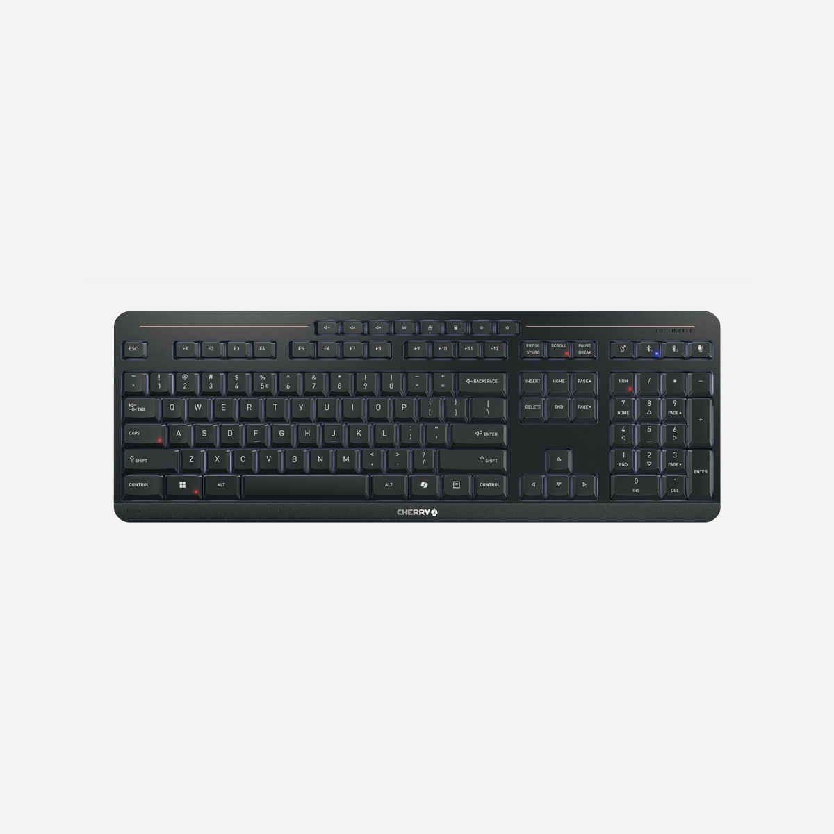 Clavier CHERRY Stream Ultimate filaire/sans fil USB RF Bluetooth QWERTY anglais touches ciseaux LED noir - Le clavier CHERRY Stream Ultimate JK-8570US-2 offre une polyvalence exceptionnelle pour les environnements professionnels et domestiques grâce à sa triple connectivité : USB filaire, RF sans fil 2.4 GHz et Bluetooth 5.2. Cette flexibilité permet de basculer facilement entre plusieurs appareils et de s'adapter à toutes les configurations de poste de travail. Conçu pour un usage intensif, ce clavier format 100% intègre des touches à mécanisme ciseaux garantissant une frappe précise et confortable sur une durée de vie de 20 millions de caractères. Le pavé numérique complet et les touches multimédias dédiées optimisent la productivité au quotidien, tandis que la touche Copilot facilite l'accès aux fonctionnalités d'assistance Windows modernes. Le rétroéclairage LED blanc ajustable assure une visibilité optimale dans toutes les conditions d'éclairage, un atout précieux pour les sessions de travail prolongées. La fonction anti-ghosting avec enchaînement de 6 touches garantit la reconnaissance simultanée de plusieurs frappes, essentiel pour les utilisateurs exigeants. L'autonomie de 5 mois en mode sans fil et la recharge via USB Type-C éliminent les contraintes de maintenance fréquente. La compatibilité étendue avec Windows 7, 8, 10 et 11 assure une intégration immédiate dans votre infrastructure existante. Avec sa construction robuste en métal, plastique et caoutchouc, ses pieds ajustables et son design ergonomique, le CHERRY Stream Ultimate combine fiabilité professionnelle et confort d'utilisation pour répondre aux exigences des environnements de bureau modernes.