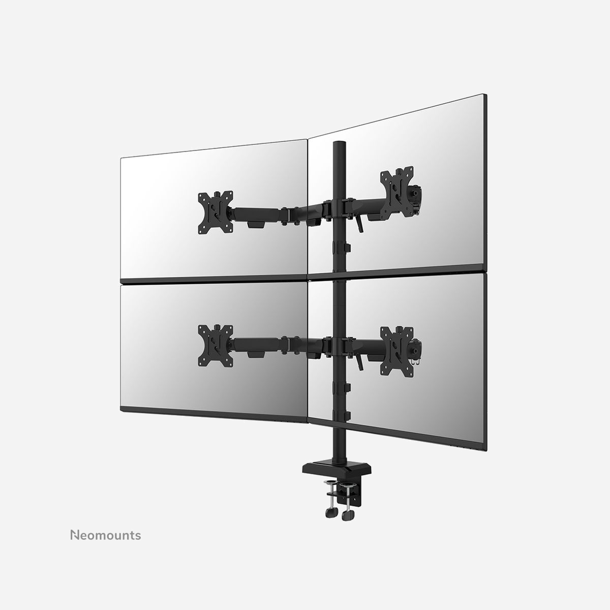 Bras de moniteur quadruple Neomounts DS60-600BL2-2 10-32" VESA 75x75/100x100mm charge 8kg par écran full motion - Le Neomounts DS60-600BL2-2 transforme votre espace de travail en véritable poste de commande professionnel grâce à sa configuration quadruple écrans superposés. Conçu pour les environnements exigeants comme les salles de trading, les centres de contrôle et les bureaux d'analyse de données, ce bras de moniteur permet de gérer simultanément quatre sources d'information sur des écrans de 10 à 32 pouces. La technologie full motion constitue l'atout majeur de ce support : chaque écran bénéficie d'ajustements indépendants en inclinaison (0-90°), rotation (360°) et pivotement (180°). Cette flexibilité garantit une ergonomie optimale adaptée à votre morphologie et à vos tâches, réduisant la fatigue visuelle et les tensions musculaires lors de longues sessions de travail. La structure en acier robuste supporte jusqu'à 8 kg par écran tout en maintenant une stabilité exemplaire. Le système de butée à 180° protège vos murs et cloisons, tandis que la gestion intégrée des câbles préserve un environnement professionnel ordonné. La base intègre même un support téléphone discret pour centraliser vos outils de communication. L'installation s'effectue rapidement grâce au système Easy-release VESA (75x75 et 100x100 mm) et aux deux options de fixation fournies : pince de bureau ou œillet. Compatible avec des bureaux de 1 à 8 cm d'épaisseur, ce bras s'adapte à la plupart des configurations existantes. Avec une amplitude de réglage en hauteur de 140 à 830 mm et une profondeur ajustable de 107 à 463 mm, le DS60-600BL2-2 optimise l'utilisation de votre surface de travail tout en offrant une liberté de positionnement maximale. Un investissement durable garanti 5 ans pour professionnaliser votre environnement multi-écrans.