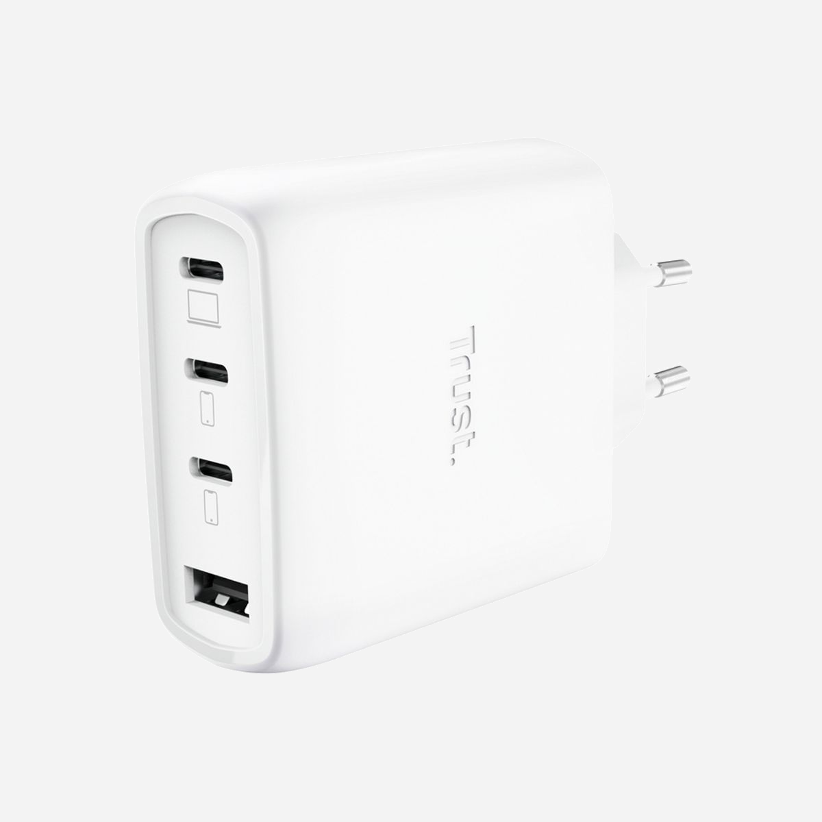 Chargeur Trust Maxo 65W GaN 3x USB-C 1x USB-A charge rapide universelle avec câble 2m blanc - Le chargeur Trust Maxo 65W GaN révolutionne votre expérience de charge quotidienne grâce à sa polyvalence et son efficacité énergétique. Doté de la technologie GaN de dernière génération, ce chargeur compact délivre une puissance de 65W suffisante pour alimenter simultanément jusqu'à trois appareils, du smartphone à l'ordinateur portable. Avec ses 3 ports USB-C et 1 port USB-A, ce chargeur universel s'adapte à tous vos équipements professionnels et personnels. Compatible avec les protocoles Power Delivery, Quick Charge 3.0 et 4+, ainsi que Programmable Power Supply, il garantit une charge rapide optimale pour iPhone, Samsung Galaxy, tablettes et laptops. Le câble USB-C de 2 mètres inclus offre une liberté d'utilisation appréciable au bureau comme en déplacement. La sécurité est au cœur de sa conception avec des protections intégrées contre les surcharges, surchauffes et courts-circuits. Vous chargez vos équipements en toute tranquillité, sans risque d'endommagement. Son format ultra-compact (65 x 100 x 30 mm) et son poids plume de 197g en font le compagnon idéal des professionnels nomades. La technologie GaN permet de réduire considérablement l'encombrement tout en maintenant des performances élevées. Engagement environnemental supplémentaire : ce chargeur est fabriqué avec 50% de matériaux recyclés, répondant aux attentes des entreprises soucieuses de leur impact écologique. Une solution de charge complète, performante et responsable pour équiper vos collaborateurs ou optimiser votre poste de travail.