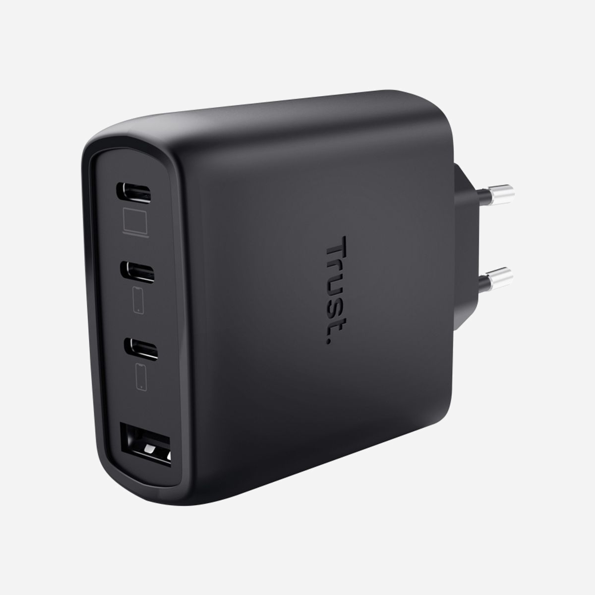 Trust Maxo 65W Universel Noir Secteur Charge rapide Intérieure - Le Trust Maxo 65W représente la solution de charge universelle idéale pour les environnements professionnels modernes. Grâce à sa technologie GaN de dernière génération, ce chargeur compact délivre une puissance de 65 W suffisante pour alimenter simultanément jusqu'à trois appareils, incluant ordinateurs portables, tablettes et smartphones. Sa polyvalence constitue un atout majeur : équipé de 3 ports USB-C et 1 port USB-A, il s'adapte à tous vos équipements professionnels, qu'il s'agisse de matériel Apple, Samsung ou d'autres marques. Les technologies Power Delivery, Quick Charge 3.0 et 4+, ainsi que Programmable Power Supply garantissent une charge rapide et optimisée pour chaque appareil connecté. La sécurité est intégrée au cœur du produit avec des protections actives contre les surcharges, surchauffes et courts-circuits, assurant une utilisation sereine au quotidien. Le câble USB Type-C de 2 mètres inclus offre une flexibilité d'installation appréciable en bureau comme en déplacement. Avec ses dimensions compactes (100 x 65 x 30 mm) et son poids contenu de 197 grammes, le Maxo 65W se transporte aisément et libère de l'espace sur votre poste de travail. Son design noir sobre s'intègre parfaitement dans tout environnement professionnel. Engagement environnemental notable : ce chargeur est fabriqué avec 50% de matériaux recyclés, répondant aux exigences RSE des entreprises soucieuses de leur impact écologique. Un choix rationnel qui allie performance, praticité et responsabilité.