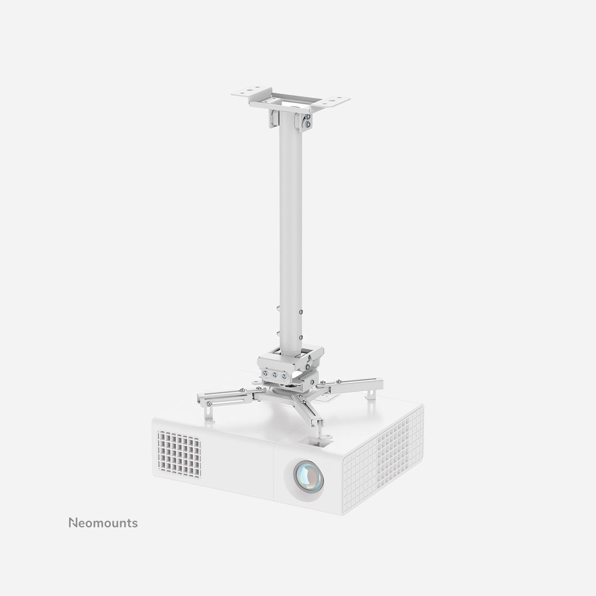 Support plafond Neomounts CL25-540WH1 pour vidéoprojecteur jusqu'à 35kg hauteur 60.5-90.5cm rotation 360° inclinaison ±20° blanc - Le support plafond Neomounts CL25-540WH1 offre une solution d'installation professionnelle pour vidéoprojecteurs jusqu'à 35 kg, idéale pour les salles de réunion, auditoriums, espaces de formation et home cinéma haut de gamme. Sa conception technique avancée garantit un positionnement optimal de la projection grâce à une rotation complète à 360°, une inclinaison de ±20° et un pivotement de ±8°. Cette polyvalence permet d'ajuster précisément l'angle de projection sur tout type de surface, quelle que soit la configuration de votre espace. L'installation est considérablement simplifiée par le système Easy-release exclusif qui permet à une seule personne de monter ou démonter le vidéoprojecteur rapidement, réduisant ainsi les coûts d'intervention. Le poteau rond s'adapte parfaitement aux plafonds suspendus, tandis que la possibilité d'inclinaison côté plafond facilite l'installation sur surfaces inclinées. La hauteur réglable de 60,5 à 90,5 cm offre une flexibilité d'installation remarquable pour s'adapter aux contraintes architecturales de chaque environnement. La construction robuste en acier assure une fixation stable sans vibration, garantissant une qualité d'image constante. Le système intégré de gestion des câbles maintient une esthétique soignée en dissimulant l'ensemble du câblage à l'intérieur du poteau. Les quatre bras extensibles assurent une compatibilité universelle avec la majorité des vidéoprojecteurs du marché. Avec sa finition blanche discrète et son verrouillage de sécurité intégré, le CL25-540WH1 combine performance technique, sécurité et intégration esthétique pour vos installations professionnelles.