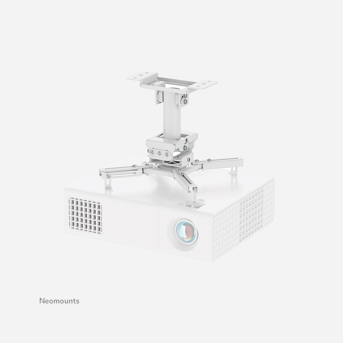 Support plafond Neomounts CL25-530WH1 pour vidéoprojecteur jusqu'à 45kg hauteur 25.5cm rotation 360° inclinaison ±20° - Le support plafond Neomounts CL25-530WH1 représente une solution d'installation professionnelle pour vidéoprojecteurs, conçue pour répondre aux exigences des environnements professionnels, salles de conférence, auditoriums et installations audiovisuelles permanentes. Avec sa capacité de charge exceptionnelle de 45 kg, ce support universel accueille la quasi-totalité des vidéoprojecteurs du marché, y compris les modèles professionnels haute luminosité et les installations laser de dernière génération. Cette robustesse garantit une installation pérenne et sécurisée pour vos équipements de projection. La polyvalence constitue l'atout majeur de ce support : rotation complète à 360°, inclinaison de ±20° et pivotement de ±8° offrent une liberté totale de positionnement. Vous ajustez précisément l'angle de projection pour obtenir une image parfaitement alignée, quelle que soit la configuration de votre espace. Les quatre bras extensibles s'adaptent aux différentes morphologies de projecteurs. Le système Easy-release simplifie considérablement la maintenance : une seule personne peut installer ou retirer le vidéoprojecteur en quelques instants, sans outillage complexe. Un avantage décisif pour les opérations de nettoyage, remplacement de lampe ou mise à jour d'équipement. L'installation s'adapte à tous types de plafonds : le poteau rond facilite la fixation sur faux-plafond, tandis que l'inclinaison côté plafond permet le montage sur surfaces inclinées sans contrainte. La construction en acier assure une fixation ferme, éliminant toute vibration parasite susceptible d'altérer la qualité de projection. Le système intégré de gestion des câbles achemine discrètement l'ensemble des connexions à travers le poteau, préservant l'esthétique de vos installations et réduisant les risques d'accrochage.