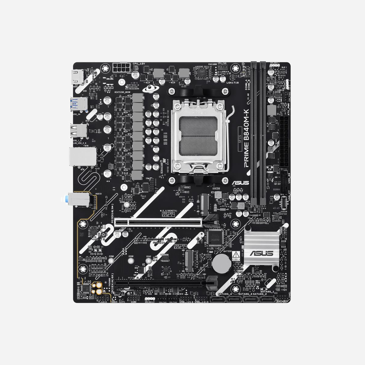 Carte mère ASUS PRIME B840M-K Socket AM5 micro ATX chipset AMD B840 DDR5 128GB M.2 SATA III 2.5GbE - La carte mère ASUS PRIME B840M-K constitue une solution fiable et évolutive pour les configurations professionnelles basées sur les dernières générations de processeurs AMD Ryzen. Compatible avec les séries 7000, 8000 et 9000 via son socket AM5, elle offre une plateforme pérenne pour accompagner vos besoins informatiques sur le long terme. Son format micro ATX permet une intégration aisée dans des boîtiers compacts tout en conservant des capacités d'extension intéressantes. La prise en charge de la mémoire DDR5 jusqu'à 128 Go en double canal garantit des performances optimales pour les applications professionnelles exigeantes, du traitement de données aux environnements de virtualisation. Côté stockage, cette carte mère se distingue par sa polyvalence avec 4 ports SATA III et 2 emplacements M.2, permettant de combiner rapidité et capacité selon vos besoins. Le support RAID 0, 1, 5 et 10 offre des options de sécurisation et d'optimisation des données adaptées aux environnements professionnels. La connectivité réseau 2.5 Gigabit Ethernet assure des transferts de fichiers rapides et une bande passante suffisante pour les usages collaboratifs modernes. Les multiples ports USB 3.2 Gen 1 et USB 2.0 facilitent la connexion de périphériques variés. Le chipset AMD B840 délivre un équilibre pertinent entre fonctionnalités et positionnement tarifaire, tandis que le BIOS UEFI simplifie la configuration et la maintenance. Cette carte mère s'adresse aux entreprises recherchant une base stable pour leurs postes de travail, stations de développement ou serveurs d'entrée de gamme, avec la qualité de fabrication reconnue d'ASUS.
