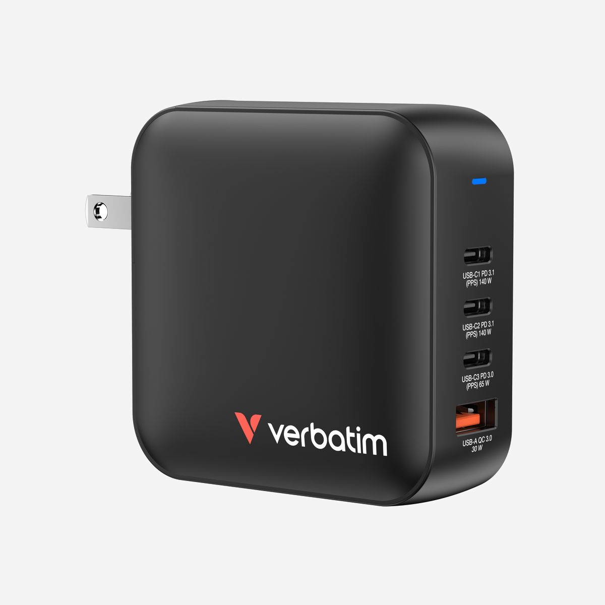 Chargeur Verbatim Mini GaN 165W 3 ports USB-C charge rapide 100-240V universel noir pour intérieur - Le chargeur Verbatim Mini GaN 165W représente une solution de charge professionnelle particulièrement adaptée aux environnements de travail modernes où la mobilité et la polyvalence sont essentielles. Grâce à sa technologie GaN (nitrure de gallium), ce chargeur offre une puissance exceptionnelle de 165W dans un format compact de seulement 72 x 72 x 31 mm pour 245g, soit un encombrement réduit par rapport aux chargeurs traditionnels de puissance équivalente. Avec ses 3 ports USB-C et 1 port USB-A, ce chargeur universel permet de recharger simultanément jusqu'à 4 appareils : ordinateurs portables, smartphones, tablettes, accessoires professionnels. Le premier port USB-C délivre jusqu'à 140W, idéal pour alimenter les laptops les plus exigeants, tandis que les autres ports offrent respectivement 100W, 65W et 30W. La technologie Quick Charge 3.0 et la compatibilité USB Power Delivery 3.1 avec PPS garantissent une charge rapide et optimisée pour chaque appareil connecté. La conception universelle 100-240V et les trois adaptateurs secteurs fournis (EU, UK, US) en font un compagnon idéal pour les déplacements professionnels internationaux. Les protections intégrées contre les surtensions, surintensités, surchauffes et courts-circuits assurent une utilisation sécurisée de vos équipements. Ce chargeur Verbatim permet de remplacer plusieurs chargeurs par un seul dispositif, simplifiant ainsi la gestion des câbles et réduisant l'encombrement sur le bureau ou en déplacement. Une solution professionnelle complète, garantie 2 ans, pour répondre aux besoins de charge des environnements de travail connectés.