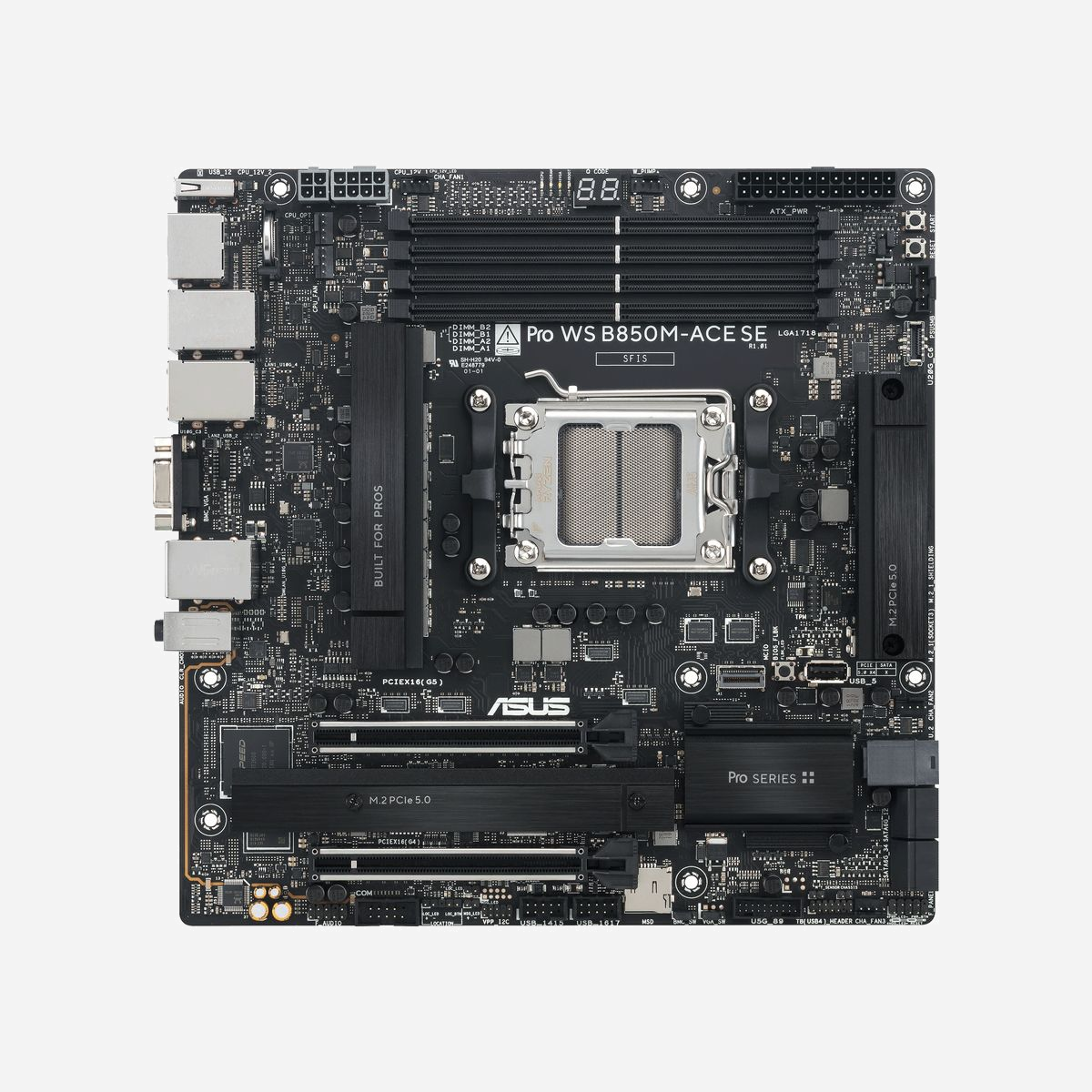 Carte mère ASUS PRO WS B850M-ACE SE AMD B850 Socket AM5 micro ATX DDR5 256GB M.2 SATA III 2.5/10 Gigabit Ethernet - La carte mère ASUS PRO WS B850M-ACE SE représente une solution professionnelle robuste pour les stations de travail exigeantes. Conçue autour du chipset AMD B850 et du socket AM5, elle accueille les processeurs AMD Ryzen des séries 7000, 8000 et 9000, offrant ainsi une plateforme évolutive adaptée aux besoins actuels et futurs. Avec une capacité mémoire DDR5 pouvant atteindre 256 Go répartis sur 4 emplacements DIMM, cette carte mère garantit des performances élevées pour les applications professionnelles gourmandes en ressources : modélisation 3D, calcul scientifique, virtualisation ou traitement de données massives. La prise en charge de fréquences jusqu'à 8000 MHz et de la mémoire ECC assure fiabilité et rapidité d'exécution. Le stockage bénéficie d'une flexibilité remarquable avec 2 emplacements M.2 PCIe 5.0 pour des SSD ultra-rapides, complétés par 4 ports SATA III. La gestion RAID 0, 1, 5 et 10 permet de configurer des solutions adaptées aux besoins de performance ou de sécurité des données. La connectivité réseau constitue un atout majeur avec trois ports Ethernet offrant des débits de 1, 2.5 et 10 Gigabit, idéal pour les environnements professionnels nécessitant des transferts de fichiers volumineux ou des connexions réseau redondantes. La connectivité USB est généreuse avec plusieurs ports USB 3.2 Gen 1 type A et C, facilitant la connexion de périphériques multiples. Le format micro ATX optimise l'encombrement tout en préservant l'extensibilité grâce aux emplacements PCIe 4.0 et 5.0. La sortie vidéo en 8K (7680 x 4320 pixels) via HDMI 2.1 et DisplayPort 1.4 répond aux exigences des professionnels de la création visuelle. Cette carte mère s'adresse aux professionnels recherchant une base fiable pour des configurations de travail intensives, alliant performances, connectivité étendue et évolutivité.