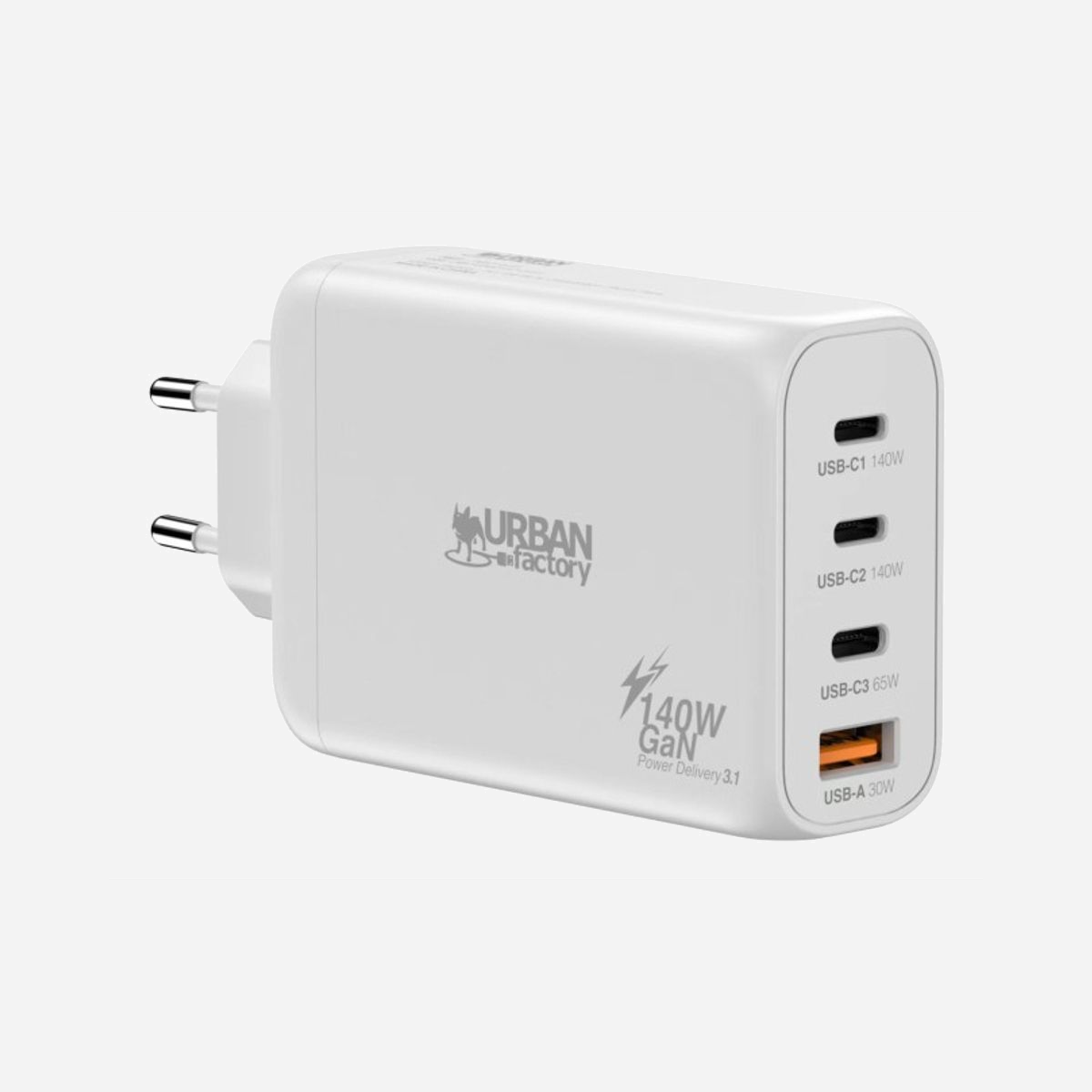 Chargeur Urban Factory PSC14UF universel 3 ports USB-C charge rapide 100-240V câble 2m blanc secteur - Le chargeur Urban Factory PSC14UF s'impose comme la solution de charge universelle idéale pour les environnements professionnels multi-équipements. Avec ses 3 ports USB-C et 1 port USB-A, il permet de recharger simultanément jusqu'à 4 appareils, répondant ainsi aux besoins des professionnels équipés de smartphones, tablettes, ordinateurs portables et accessoires connectés. Sa puissance totale de 140W associée à la technologie Power Delivery 3.1 garantit une charge rapide et optimisée pour chaque appareil connecté. Cette capacité permet notamment de recharger efficacement les ordinateurs portables récents les plus exigeants en énergie, tout en alimentant simultanément d'autres périphériques. La compatibilité universelle avec une tension d'entrée de 100-240V en fait un équipement parfaitement adapté aux déplacements professionnels internationaux. Plus besoin de multiplier les adaptateurs selon les destinations. Le câble de 2 mètres intégré offre une flexibilité d'installation appréciable en bureau comme en mobilité, permettant de positionner le chargeur à distance de la prise secteur. Le câble USB Type-C vers USB Type-C fourni assure une connexion immédiate avec les équipements modernes. Son format compact (115 x 60 x 28 mm) et son poids contenu de 256g facilitent le transport dans une sacoche professionnelle. La finition blanche s'intègre discrètement dans tout environnement de travail. Cette station de charge centralisée simplifie la gestion des câbles et optimise l'espace de travail, tout en garantissant une recharge sécurisée et performante de l'ensemble de votre écosystème numérique professionnel.