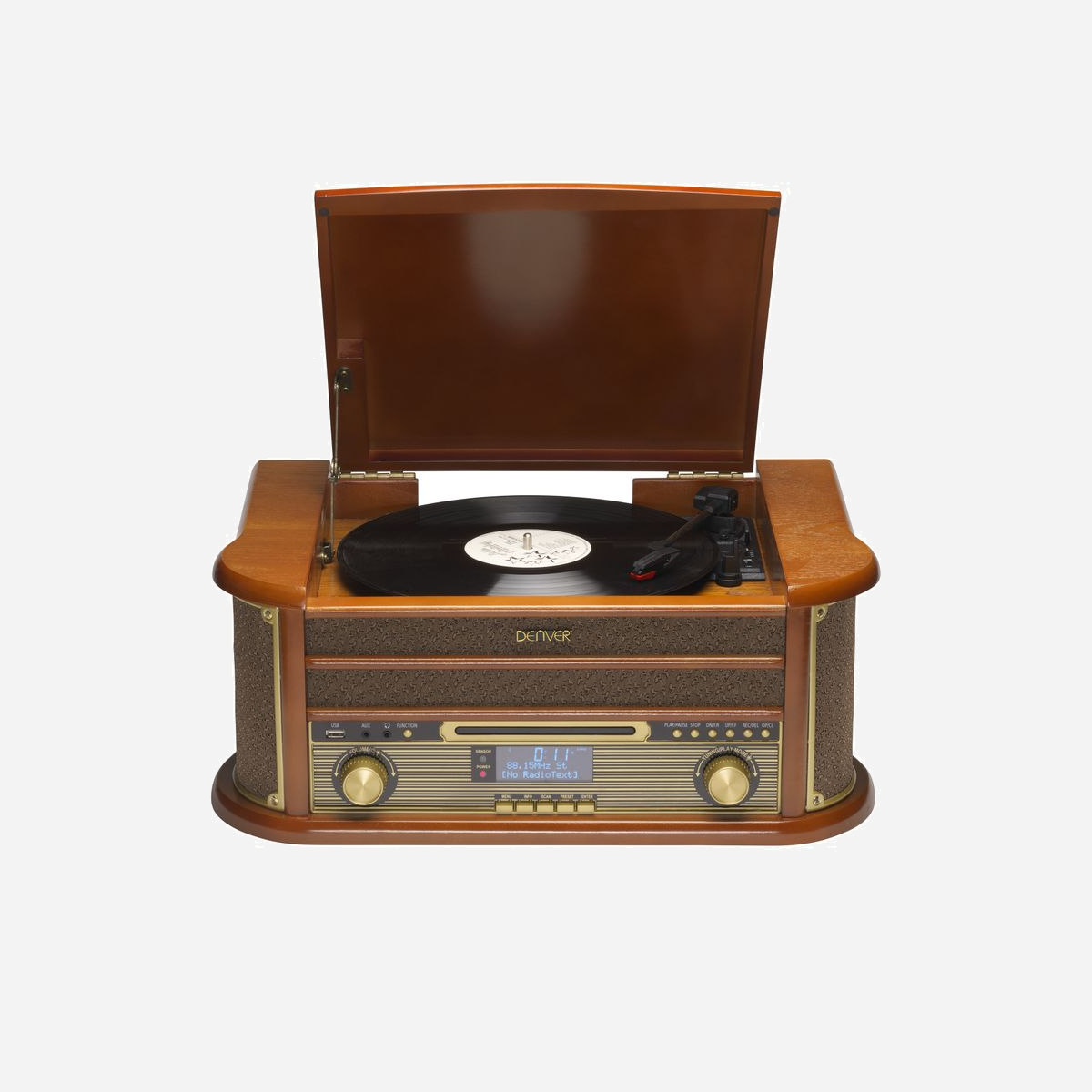 Platine vinyle Denver MRD-51 3 vitesses 33/45/78 tr/min 5W RMS écran LCD boîtier bois marron 230V - La platine vinyle Denver MRD-51 réinvente l'expérience audio en combinant l'authenticité du vinyle avec la polyvalence d'un centre multimédia complet. Conçue dans un élégant boîtier en bois marron, cette installation tout-en-un s'intègre naturellement dans les environnements professionnels exigeants comme dans les espaces d'accueil ou de détente. Son atout majeur réside dans sa compatibilité étendue : trois vitesses de lecture 33/45/78 tr/min permettent d'exploiter l'intégralité de votre collection vinyle, des éditions modernes aux pressages vintage. Au-delà du tourne-disque, la MRD-51 centralise tous vos besoins audio grâce à son lecteur CD compatible MP3, son lecteur cassette, sa radio DAB/FM et son port USB pour la lecture de fichiers numériques. L'amplificateur intégré de 5W RMS alimente deux haut-parleurs pour une diffusion immédiate, tandis que l'écran LCD facilite la navigation entre les sources. L'entrée AUX offre une connectivité supplémentaire pour vos appareils externes. Le contrôle de volume rotatif garantit un réglage précis et intuitif. Cette solution clé en main élimine le besoin d'équipements séparés et simplifie l'installation dans les salles de réunion, espaces de coworking, boutiques ou bureaux souhaitant créer une ambiance sonore distinctive. Avec ses dimensions compactes de 515 x 350 x 220 mm et son alimentation secteur 230V standard, la Denver MRD-51 se déploie rapidement sans infrastructure technique complexe. Un investissement rationnel pour valoriser vos contenus audio historiques tout en conservant l'accès aux formats contemporains.