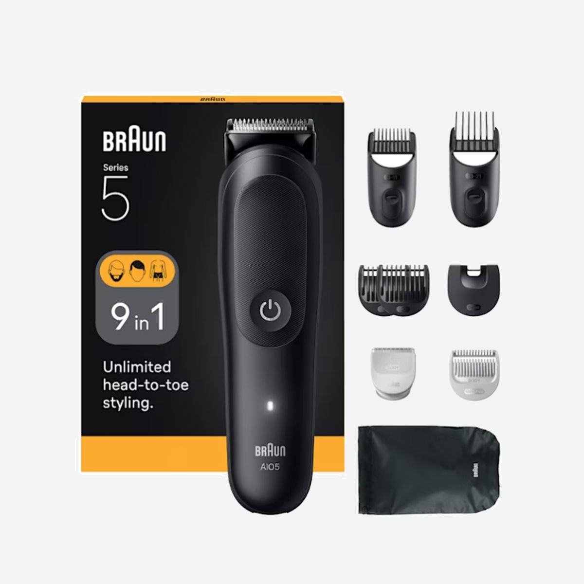 Tondeuse à cheveux Braun AIO5540 14 accessoires batterie Lithium-Ion 120 min autonomie 0,5-21mm noir - La Braun AIO5540 représente une solution de coupe complète et polyvalente, conçue pour répondre aux besoins de toilettage professionnel en environnement B2B comme en usage personnel exigeant. Avec ses 14 accessoires inclus, cette tondeuse offre une amplitude de coupe exceptionnelle de 0,5 à 21 mm, permettant de réaliser tous types de coupes : cheveux, barbe, corps. Cette polyvalence en fait un équipement particulièrement adapté aux salons de coiffure, barbershops, hôtels haut de gamme ou espaces bien-être souhaitant proposer un service complet à leur clientèle. L'autonomie de 120 minutes garantit une journée de travail complète sans interruption, tandis que la technologie Lithium-Ion assure des performances constantes jusqu'à la fin de la charge. La fonction de charge rapide 5 minutes constitue un atout majeur en cas d'oubli, offrant suffisamment d'énergie pour une coupe d'urgence. Le format sans fil et le poids contenu de 132 grammes facilitent la maniabilité et réduisent la fatigue lors d'utilisations prolongées. Les 6 peignes fournis permettent d'adapter précisément la longueur de coupe selon les besoins, tandis que la housse de rangement et la brosse de nettoyage assurent un entretien optimal et un transport sécurisé du matériel. L'alimentation universelle 100-240V rend cet équipement compatible avec tous les standards électriques internationaux, un avantage pour les structures multi-sites ou les professionnels itinérants.