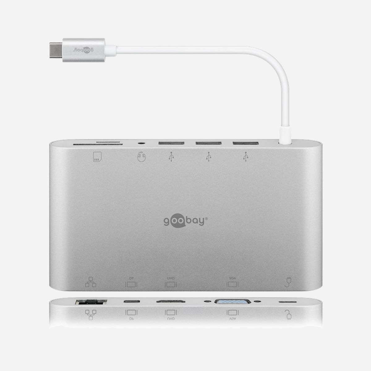 Station d'accueil Goobay 62113 USB-C 3.2 Gen 1 avec HDMI VGA DisplayPort 3x USB-A Ethernet lecteur SD/microSD argent - La station d'accueil Goobay 62113 transforme un simple port USB-C en véritable centre de connectivité professionnel. Conçue pour les environnements de travail modernes, elle répond aux besoins des utilisateurs d'ordinateurs portables équipés USB-C qui recherchent une solution complète et fiable pour étendre leurs capacités de connexion. Cette station multiport offre une polyvalence remarquable avec ses multiples interfaces : trois ports USB-A 3.0 pour vos périphériques classiques, un port Ethernet Gigabit garantissant une connexion réseau stable à 1000 Mbit/s, et trois sorties vidéo distinctes (HDMI, VGA, mini DisplayPort) permettant de connecter jusqu'à trois écrans simultanément. La résolution 4K (3840 x 2160 pixels) en sortie numérique assure une qualité d'affichage optimale pour vos présentations et travaux graphiques. Les professionnels nomades apprécieront particulièrement le lecteur de cartes SD/microSD intégré, idéal pour transférer rapidement photos et fichiers, ainsi que la prise jack 3,5 mm pour connecter casque ou enceintes. La fonction Power Delivery jusqu'à 60 W permet de recharger votre ordinateur portable tout en utilisant la station, éliminant ainsi le besoin de multiples adaptateurs. Son boîtier en aluminium argent allie robustesse et élégance, tandis que ses dimensions compactes (135 x 210 x 17 mm) et son poids de seulement 200 g facilitent le transport. Le taux de transfert de 5 Gbit/s via USB 3.2 Gen 1 assure des échanges de données rapides et fluides. Que ce soit pour un poste de travail fixe, le télétravail ou les déplacements professionnels, cette station d'accueil constitue l'accessoire indispensable pour maximiser la productivité des utilisateurs d'ultraportables modernes.