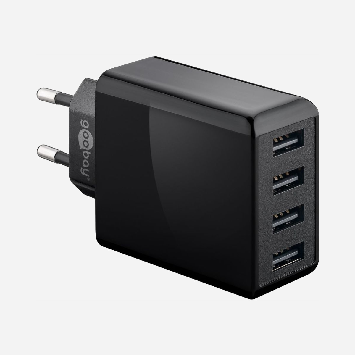 Chargeur secteur Goobay 44953 4 ports USB-A universel noir pour smartphones tablettes et appareils mobiles - Le chargeur secteur Goobay 44953 constitue une solution d'alimentation pratique et polyvalente pour les environnements professionnels multi-équipements. Avec ses 4 ports USB-A délivrant une puissance totale de 30W, ce chargeur universel permet de recharger simultanément smartphones, tablettes, écouteurs sans fil, smartwatches et autres périphériques mobiles depuis une seule prise murale. Son format compact (51 x 57 x 27 mm) et son poids plume de 70 grammes en font un accessoire idéal pour équiper postes de travail, salles de réunion ou espaces d'accueil sans encombrement. La conception avec fiche intégrée élimine les câbles superflus et simplifie l'installation. La compatibilité universelle avec une tension d'entrée de 100-240V garantit un fonctionnement optimal partout dans le monde, particulièrement appréciable pour les collaborateurs en déplacement. Le chargeur intègre des protections électriques essentielles contre les surintensités, surcharges et surchauffes, assurant la sécurité des équipements connectés. Avec une efficacité énergétique active de 85,6% et une consommation à vide limitée à 0,05W, ce chargeur Goobay répond aux exigences actuelles de sobriété énergétique. Les certifications CE et WEEE attestent de sa conformité aux normes européennes. Ce chargeur 4 ports représente un investissement rationnel pour centraliser l'alimentation de multiples appareils mobiles, réduire le nombre de prises occupées et maintenir un environnement de travail organisé et fonctionnel.