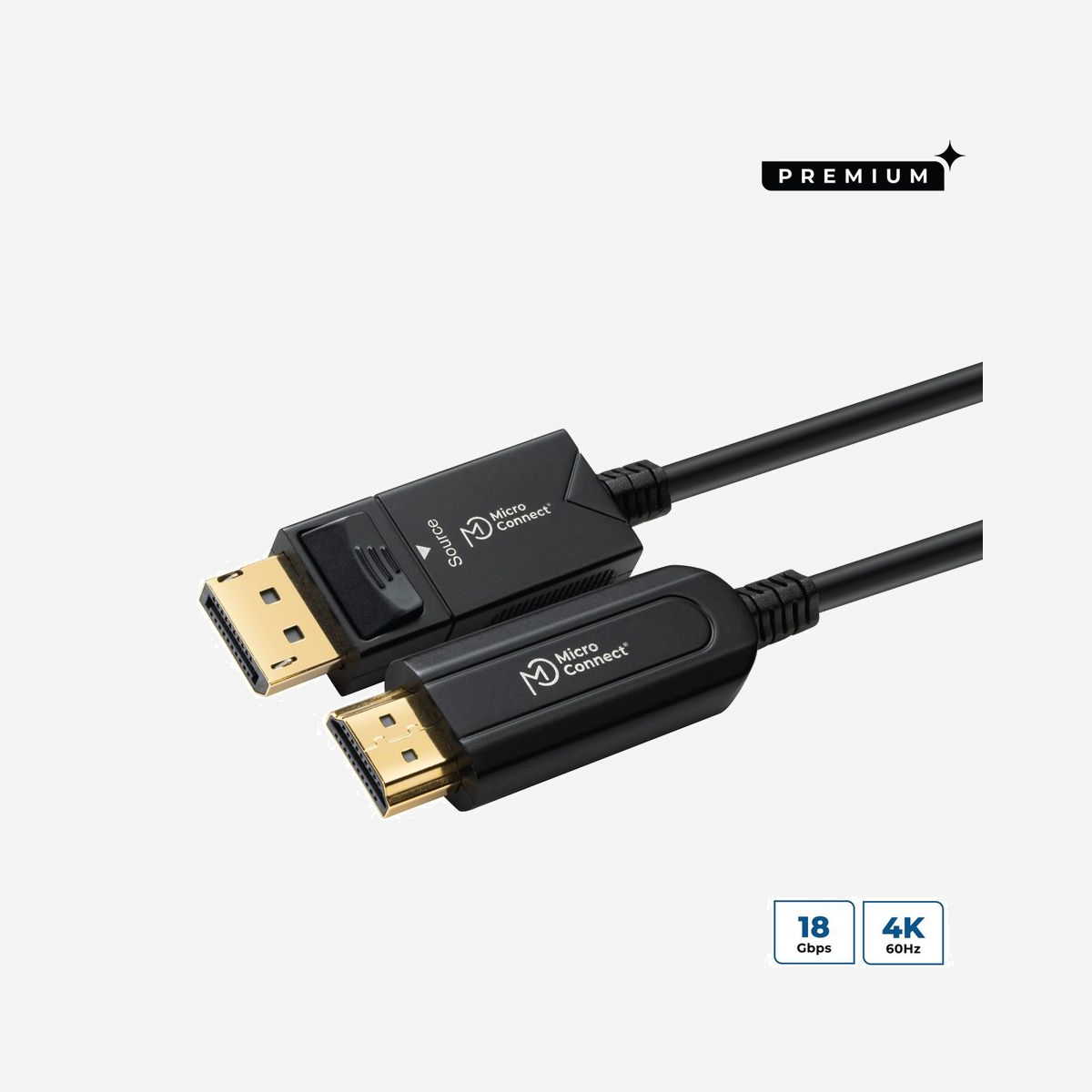 Câble optique actif Microconnect DisplayPort 1.4 vers HDMI 2.0 30m fibre optique et cuivre noir DP-HDMI-3000V1.4OP - <b>Découvrez l'ensemble de la gamme Premium au lien suivant :</b> https://www.eetgroup.com/en-zz/campaigns/microconnect-premium Ce câble optique actif DisplayPort 1.4 vers HDMI 2.0 connecte des appareils sur de longues distances allant jusqu'à 100m sans perte de données, même dans des applications sensibles. Il contient à la fois des cœurs en fibre optique et en cuivre, est léger, flexible et possède un rayon de courbure ultra-petit, ce qui le rend parfaitement adapté à tous types d'installations.