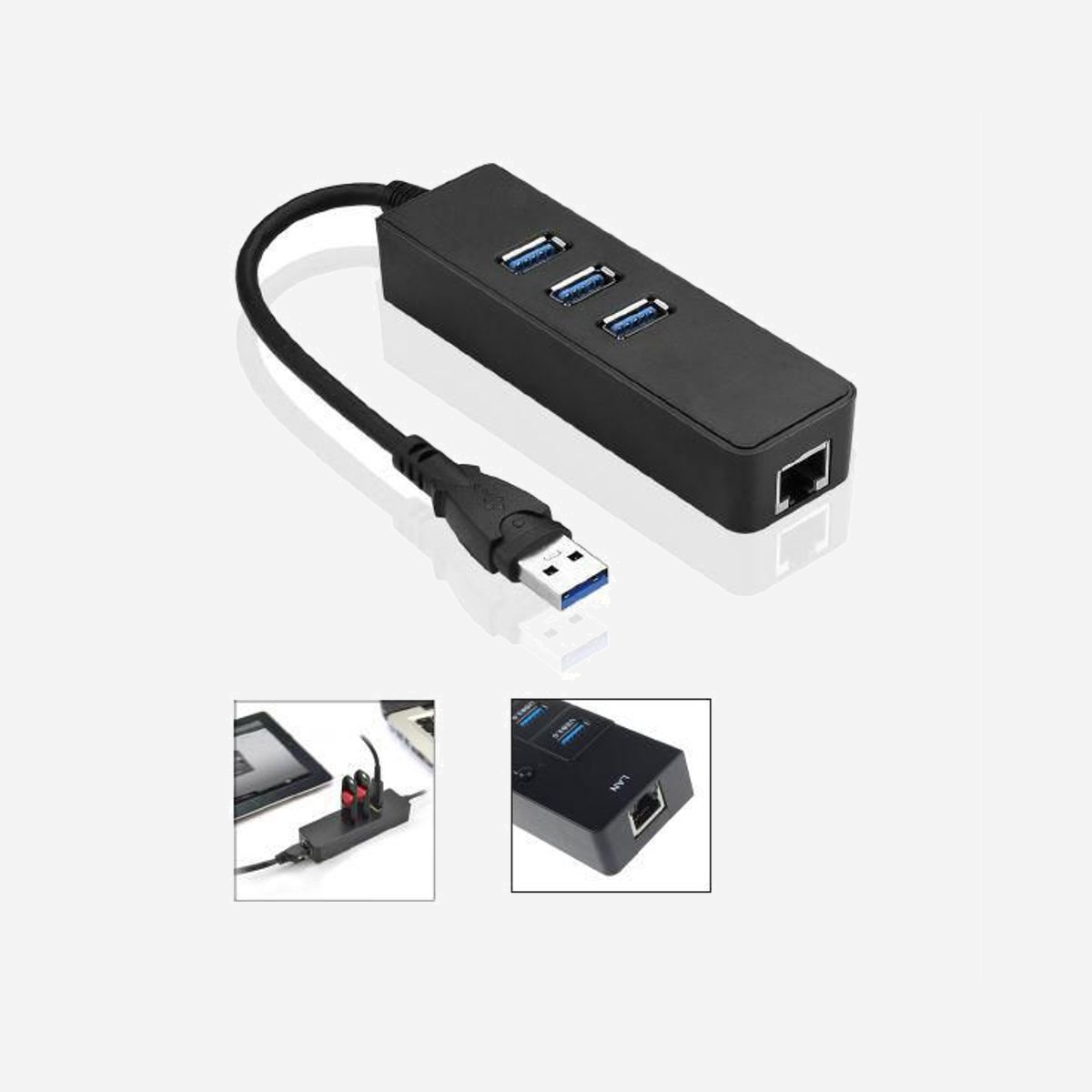 Hub USB Microconnect MC-USB3.0HUBWETH 3 ports USB 3.2 Gen 1 Type-A avec adaptateur Ethernet Gigabit RJ45 noir - Le Hub USB Microconnect MC-USB3.0HUBWETH représente la solution idéale pour les professionnels équipés d'Ultrabook ou de PC modernes nécessitant une extension de connectivité performante. Ce dispositif compact transforme un seul port USB 3.2 Gen 1 en un véritable centre de connexion offrant trois ports USB 3.2 Gen 1 Type-A supplémentaires et un port Ethernet Gigabit RJ45. Cette double fonctionnalité répond aux besoins quotidiens des environnements professionnels : connectez simultanément vos périphériques USB (disques durs externes, clés USB, souris, claviers) tout en bénéficiant d'une connexion réseau filaire stable et rapide. Le port Ethernet Gigabit garantit des vitesses allant jusqu'à 1000 Mbps, particulièrement appréciables pour les transferts de fichiers volumineux, les visioconférences ou le travail sur serveur distant. L'interface USB 3.2 Gen 1 assure des taux de transfert jusqu'à 5 Gbps, permettant des échanges de données fluides avec vos équipements. Cette performance s'avère essentielle pour sauvegarder rapidement vos documents professionnels ou accéder à des bases de données externes. Avec son format compact et son poids de seulement 46 grammes, ce hub se glisse facilement dans une sacoche d'ordinateur portable. Sa finition noire sobre s'intègre discrètement dans tout environnement de travail. Le MC-USB3.0HUBWETH s'adresse particulièrement aux utilisateurs nomades, aux espaces de coworking équipés en WiFi mais nécessitant une connexion filaire sécurisée, ainsi qu'aux postes de travail fixes manquant de ports disponibles. Un accessoire professionnel qui optimise votre productivité au quotidien.