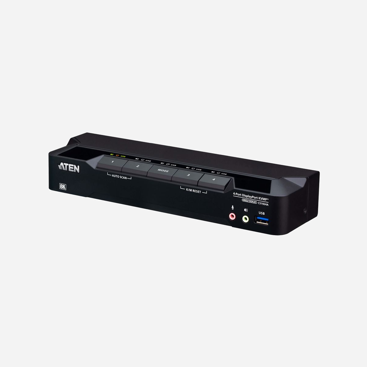 Commutateur KVM ATEN CS1924A 4 ports DisplayPort 8K 60Hz USB 3.1 Gen 1 avec câbles inclus et hub USB - Le commutateur KVM ATEN CS1924A révolutionne la gestion multi-ordinateurs en environnement professionnel exigeant. Conçu pour les professionnels manipulant simultanément plusieurs machines, ce commutateur 4 ports permet de contrôler quatre ordinateurs depuis une seule console clavier-souris USB, tout en bénéficiant d'une qualité d'affichage exceptionnelle en 8K à 60 Hz ou 4K à 120 Hz. Destiné aux créateurs de contenu, monteurs vidéo, ingénieurs CAO et professionnels du graphisme, le CS1924A garantit une précision d'image irréprochable pour les tâches les plus exigeantes. Sa compatibilité DisplayPort avec mode DP++ permet également la connexion à des écrans HDMI ou DVI via adaptateurs, offrant une flexibilité maximale dans vos configurations. La productivité est optimisée grâce au concentrateur USB 3.1 Gen 1 intégré qui autorise des transferts de données à 5 Gbit/s, idéal pour partager imprimantes, disques durs externes ou autres périphériques entre vos ordinateurs. Les deux ports USB supplémentaires facilitent la connexion de vos équipements quotidiens. La commutation entre ordinateurs s'effectue selon vos préférences : boutons poussoirs en façade, raccourcis clavier, commutation par souris ou commandes RS-232. Cette polyvalence s'adapte parfaitement à vos habitudes de travail et garantit des transitions fluides entre systèmes. L'installation est immédiate grâce aux câbles DisplayPort et USB fournis, ainsi qu'à l'adaptateur secteur inclus. Compact et sobre avec ses dimensions réduites, le CS1924A maintient votre espace de travail organisé tout en offrant des performances de niveau professionnel. Sa faible consommation de 3,18 W témoigne également d'une conception respectueuse de l'efficacité énergétique.