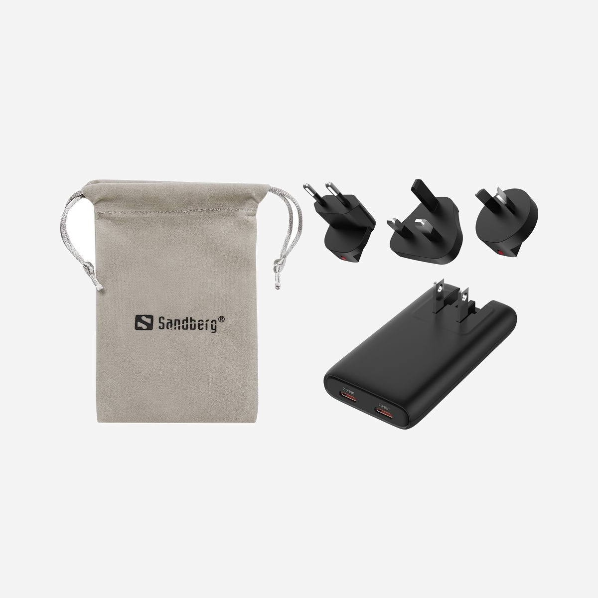 Chargeur Sandberg 441-77 universel 65W USB-C PD double port charge rapide avec adaptateurs US/EU/UK/AU - Le chargeur Sandberg 441-77 TravelCharger 65W s'impose comme la solution de charge universelle idéale pour les professionnels en déplacement. Compact et ultra-fin avec seulement 15 mm d'épaisseur pour 84 grammes, il se glisse facilement dans n'importe quel bagage sans alourdir vos équipements. Grâce à sa puissance de 65W délivrée via USB-C Power Delivery, ce chargeur répond aux besoins des ordinateurs portables professionnels modernes tout en assurant une charge rapide de vos smartphones et tablettes. La technologie GaN (nitrure de gallium) permet d'obtenir cette puissance remarquable dans un format particulièrement compact, tout en garantissant une efficacité énergétique optimale. La polyvalence constitue l'atout majeur de ce modèle : équipé de deux ports USB-C PD, il permet de charger simultanément deux appareils, avec répartition intelligente de la puissance. La prise US pliable intégrée et les trois adaptateurs fournis (EU, UK, AU) couvrent l'ensemble des standards électriques mondiaux, éliminant ainsi le besoin de multiples chargeurs lors de vos déplacements internationaux. La conception robuste avec boîtier en polycarbonate ignifuge et les certifications CE, FCC et RoHS garantissent sécurité et fiabilité. Compatible avec une large gamme de tensions (100-240V) et supportant l'alimentation programmable PPS, ce chargeur s'adapte automatiquement aux exigences de chaque appareil connecté. Pour les entreprises équipant leurs collaborateurs mobiles, le Sandberg 441-77 représente un investissement rationnel : un seul accessoire remplace plusieurs chargeurs spécifiques, simplifie la logistique et réduit les risques d'oubli en déplacement.