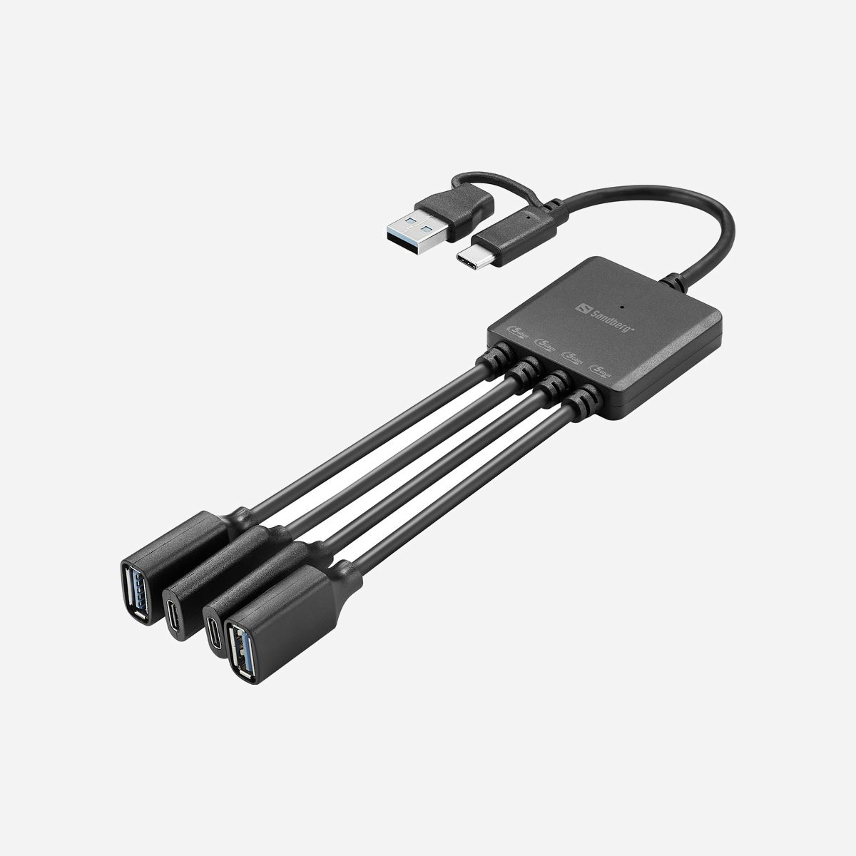 Hub USB Sandberg 136-81 USB 3.2 Gen 1 Type-A et Type-C 4 ports 5000 Mbit/s avec câble intégré noir - Le Hub USB Sandberg 136-81 offre une solution de connectivité polyvalente et compacte pour les environnements professionnels modernes. Grâce à sa double interface d'entrée USB Type-A et Type-C, ce hub s'adapte à tous les ordinateurs portables et postes de travail récents, éliminant les problèmes de compatibilité. Avec ses 4 ports de sortie (2 USB Type-A et 2 USB Type-C), ce hub répond aux besoins quotidiens des professionnels : connexion simultanée d'une souris, d'un clavier, de périphériques de stockage et d'autres accessoires USB. Le taux de transfert de 5000 Mbit/s garanti par la norme USB 3.2 Gen 1 assure des échanges de données rapides, particulièrement appréciables lors de transferts de fichiers volumineux. Son design compact (43 x 43 x 10 mm) et son poids plume de 60 grammes en font un accessoire idéal pour les professionnels mobiles. Le câble intégré élimine le risque de perte et réduit l'encombrement sur le bureau, tandis que l'alimentation par bus USB supprime le besoin d'adaptateur secteur supplémentaire. Compatible Windows 10 et 11, ce hub répond aux normes CE, FCC et RoHS, garantissant conformité et fiabilité. Sa construction robuste et sa certification pour une utilisation professionnelle en font un investissement durable pour équiper postes de travail fixes, espaces de coworking ou configurations nomades. La référence 136-81 de Sandberg transforme efficacement un port USB unique en véritable station de connexion, optimisant la productivité sans complexité technique.