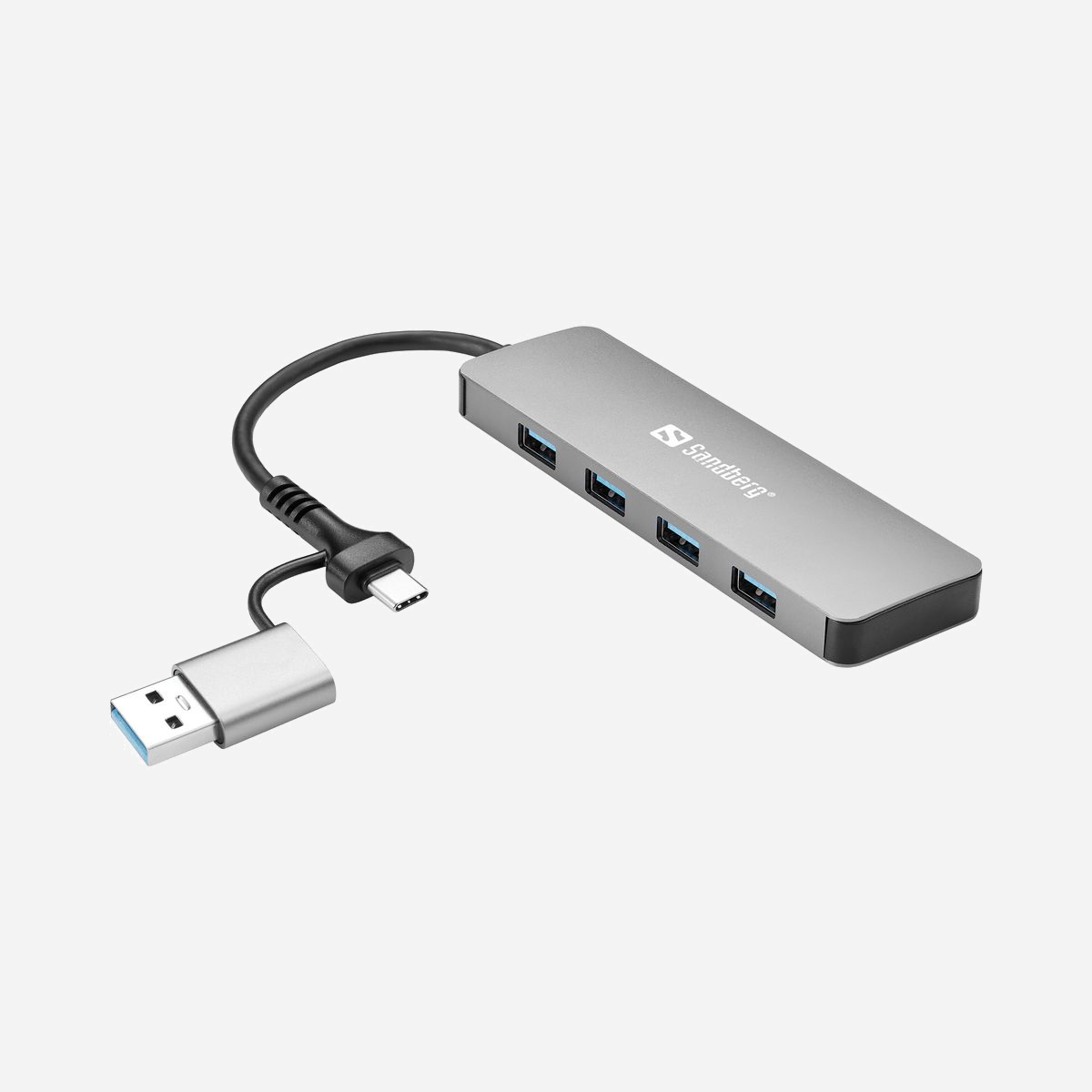 Hub USB Sandberg USB-C/A vers 4x USB 3.0 Type-A 5000 Mbit/s USB 3.2 Gen 1 boîtier aluminium compact - Le hub USB Sandberg 136-63 répond aux besoins croissants de connectivité des environnements professionnels modernes. Ce concentrateur transforme un seul port USB-A ou USB-C de votre ordinateur en quatre ports USB 3.2 Gen 1 Type-A supplémentaires, offrant une solution élégante pour connecter simultanément plusieurs périphériques essentiels. Conçu dans un boîtier aluminium compact de seulement 125 x 36 x 10 mm pour 65 grammes, ce hub allie robustesse et portabilité. Son format réduit s'intègre parfaitement sur un bureau professionnel sans encombrement, tandis que sa construction métallique garantit une dissipation thermique optimale et une durabilité à long terme. La technologie USB 3.2 Gen 1 assure des taux de transfert jusqu'à 5000 Mbit/s, permettant des échanges de données rapides avec vos disques durs externes, clés USB ou autres périphériques de stockage. Cette bande passante élevée convient parfaitement aux transferts de fichiers volumineux ou aux sauvegardes régulières. L'installation plug-and-play constitue un atout majeur pour les services informatiques : aucun pilote ni logiciel requis. Compatible avec Windows 7, 8, 10, 11 et macOS, le hub fonctionne immédiatement après connexion. L'alimentation par bus USB élimine tout adaptateur externe supplémentaire. Les cas d'usage professionnels sont multiples : connexion simultanée d'une imprimante, d'un clavier, d'une souris et d'un lecteur de cartes, extension des capacités d'un ordinateur portable en poste de travail fixe, ou encore ajout de ports pour les stations de travail aux connectiques limitées.