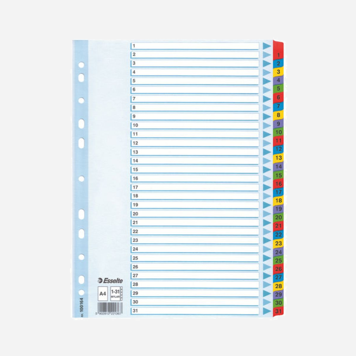 Esselte Mylar Indices & Dividers Onglets avec index numérique Carton multicolore 225x297mm 355g - Optimisez l'organisation de vos classeurs professionnels avec les intercalaires Esselte Mylar Indices & Dividers. Conçus pour les environnements exigeants, ces onglets à index numérique offrent une solution de classement robuste et durable pour tous vos documents au format A4. Fabriqués en carton renforcé de 355g, ces intercalaires garantissent une résistance exceptionnelle à l'usage quotidien intensif. Le revêtement Mylar protège efficacement les onglets contre l'usure, les déchirures et les manipulations répétées, assurant ainsi une longévité remarquable à votre système de classement. Avec 31 onglets à index numérique, ce jeu d'intercalaires répond parfaitement aux besoins d'organisation mensuelle ou de classification détaillée de projets complexes. Les couleurs multiples facilitent le repérage visuel instantané et accélèrent la recherche d'information, un atout précieux pour les services administratifs, comptables ou juridiques. Les dimensions standard de 225x297mm s'intègrent parfaitement dans tous les classeurs A4 professionnels. L'indexation numérique claire permet une structuration logique et méthodique de vos dossiers, idéale pour la gestion documentaire, l'archivage de contrats, le suivi de projets ou l'organisation de documentation technique. La marque Esselte, référence reconnue dans les fournitures de bureau professionnelles, garantit une qualité constante et une compatibilité optimale avec l'ensemble de vos systèmes de classement existants. Un investissement judicieux pour toute entreprise soucieuse d'efficacité organisationnelle.