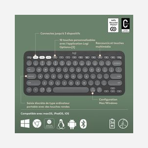 Logitech Pebble Keys 2 K380s : Clavier Universel Sans Fil RF + Bluetooth, AZERTY Français Graphite, Portée 10m, Autonomie 36 Mois, Windows/macOS/Linux/Android/iOS - Miniature 3