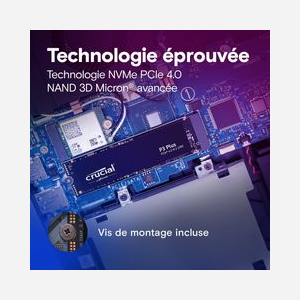 Crucial P3 Plus 500 Go SSD M.2 PCIe 4.0 NVMe 3D NAND - Lecture 4700 Mo/s, Ecriture 1900 Mo/s - Classe TBW 110 - CT500P3PSSD8 - Miniature 5