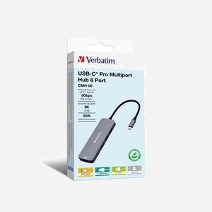 Verbatim Hub USB Type-C Pro 8 ports Argent - USB 3.2 Gen 1 5 Gbps, 2x HDMI (8K Ultra HD, 4K), USB-A, Lecteurs SD/MicroSD, USB-C PD 100W