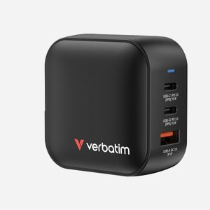 Verbatim Chargeur Secteur Mini GaN 70W Universel Noir : 2x USB-C (70W Power Delivery 3.0), 1x USB-A (Quick Charge 3.0), 100-240V, Protections Multiples