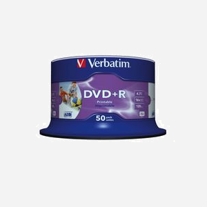 Verbatim DVD+R 4.7 Go 16x Imprimable Inkjet Wide, Fuseau de 50, Diamètre 120mm - Réf. 43512