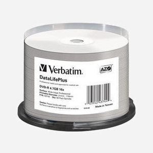 Verbatim DataLifePlus DVD-R 4.7 Go 16x Imprimable - Fuseau de 50 disques - Diamètre 120 mm - Référence 43744