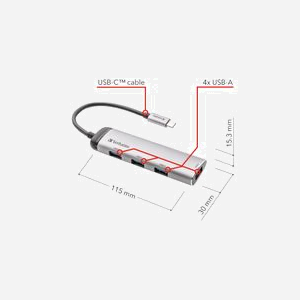 Verbatim Hub USB-C vers 4 ports USB 3.2 Gen 1 Type-A, 5Gbps, Aluminium/Plastique, Câble 0.15m, Compatible Windows/macOS, Gris, Réf. 49147 - Miniature 5