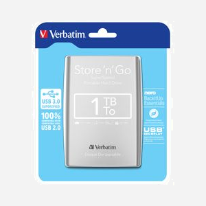 Verbatim Store 'n' Go 1To USB 3.2 Gen 1 (3.1 Gen 1) Argent 2.5" HDD Portable, 5000 Mbit/s, Compatible Windows/macOS/Linux, 121x80x15mm