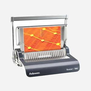 Relieuse manuelle Fellowes Quasar+ 500, perforation 22 feuilles, reliure plastique 500 feuilles, couleur Charbon de bois/Gris, largeur 455mm.