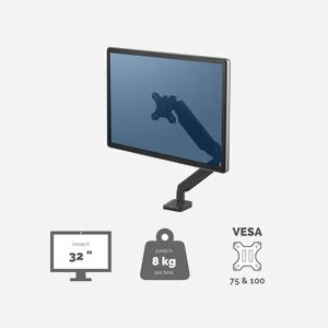 Fellowes 8043301 Bras Support Écran Unique Noir, Max 40", 8kg, Montage Bureau Collier/Passe-fil, VESA 75x75/100x100mm, USB 3.2, Acier - Miniature 3