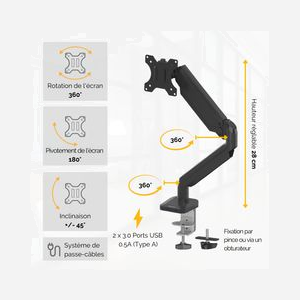 Fellowes 8043301 Bras Support Écran Unique Noir, Max 40", 8kg, Montage Bureau Collier/Passe-fil, VESA 75x75/100x100mm, USB 3.2, Acier - Miniature 2