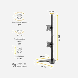 Fellowes Seasa Bras Double Vertical sur Pied 32" (81.3cm), 8kg max/écran, VESA 75x75/100x100mm, Inclinaison +/-45°, Rotation 360°, Acier Noir - Miniature 2