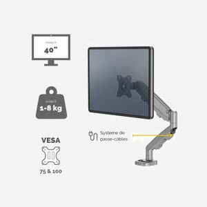 Fellowes 9683001: Support écran plat bureau jusqu'à 40", 8kg, fixation collier/passe-fil, VESA 75x75/100x100, bras 53.8cm, acier argent - Miniature 4