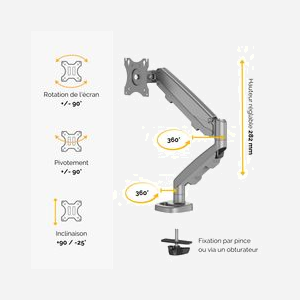 Fellowes 9683001: Support écran plat bureau jusqu'à 40", 8kg, fixation collier/passe-fil, VESA 75x75/100x100, bras 53.8cm, acier argent - Miniature 2