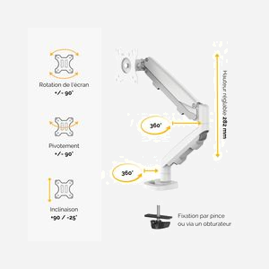 Fellowes 9683201 Support écran bureau (jusqu'à 40") fixation collier/passe-fil, VESA 75x75/100x100mm, bras 53.8cm, inclinaison ±90°, pivot 360°, blanc - Miniature 3